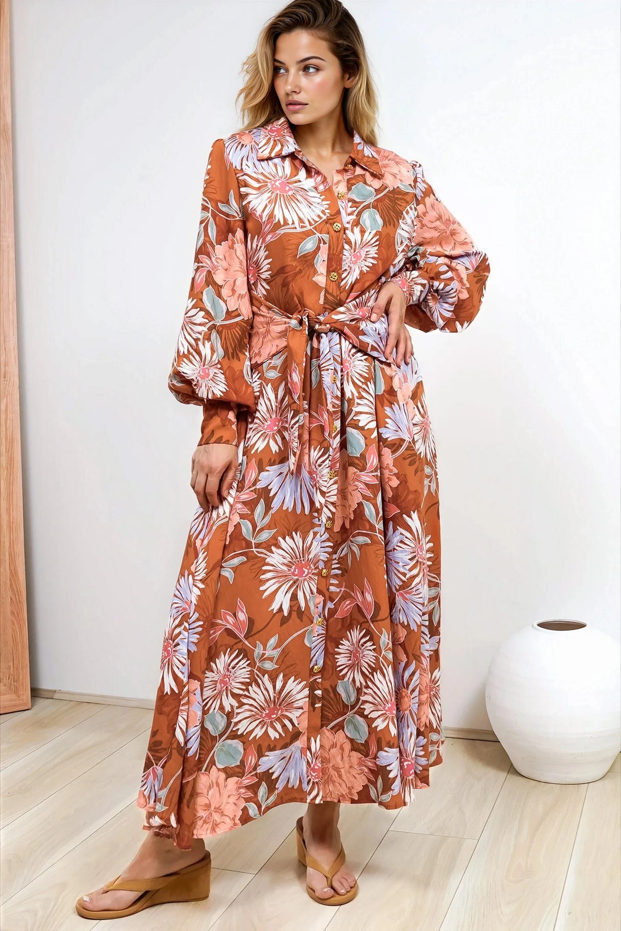 Sloane Maxi Dress - Collared Button Down Shirt Dress with Wrap Waist Tie in Perla Print