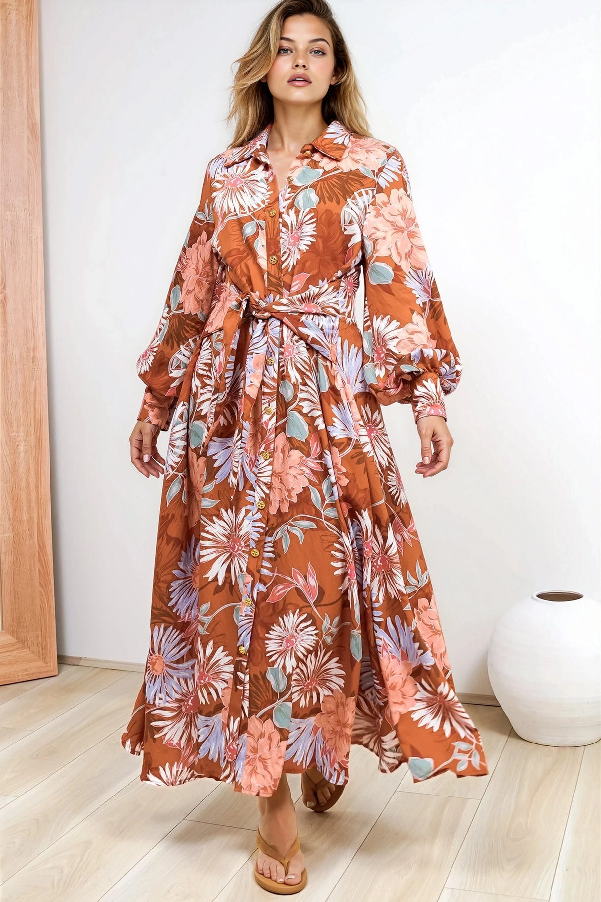 Sloane Maxi Dress - Collared Button Down Shirt Dress with Wrap Waist Tie in Perla Print