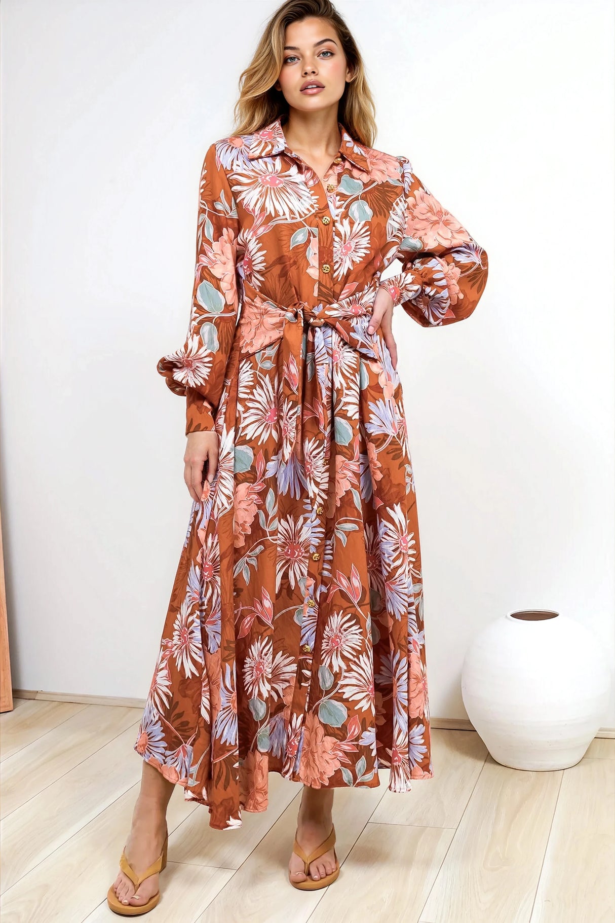 Sloane Maxi Dress - Collared Button Down Shirt Dress with Wrap Waist Tie in Perla Print