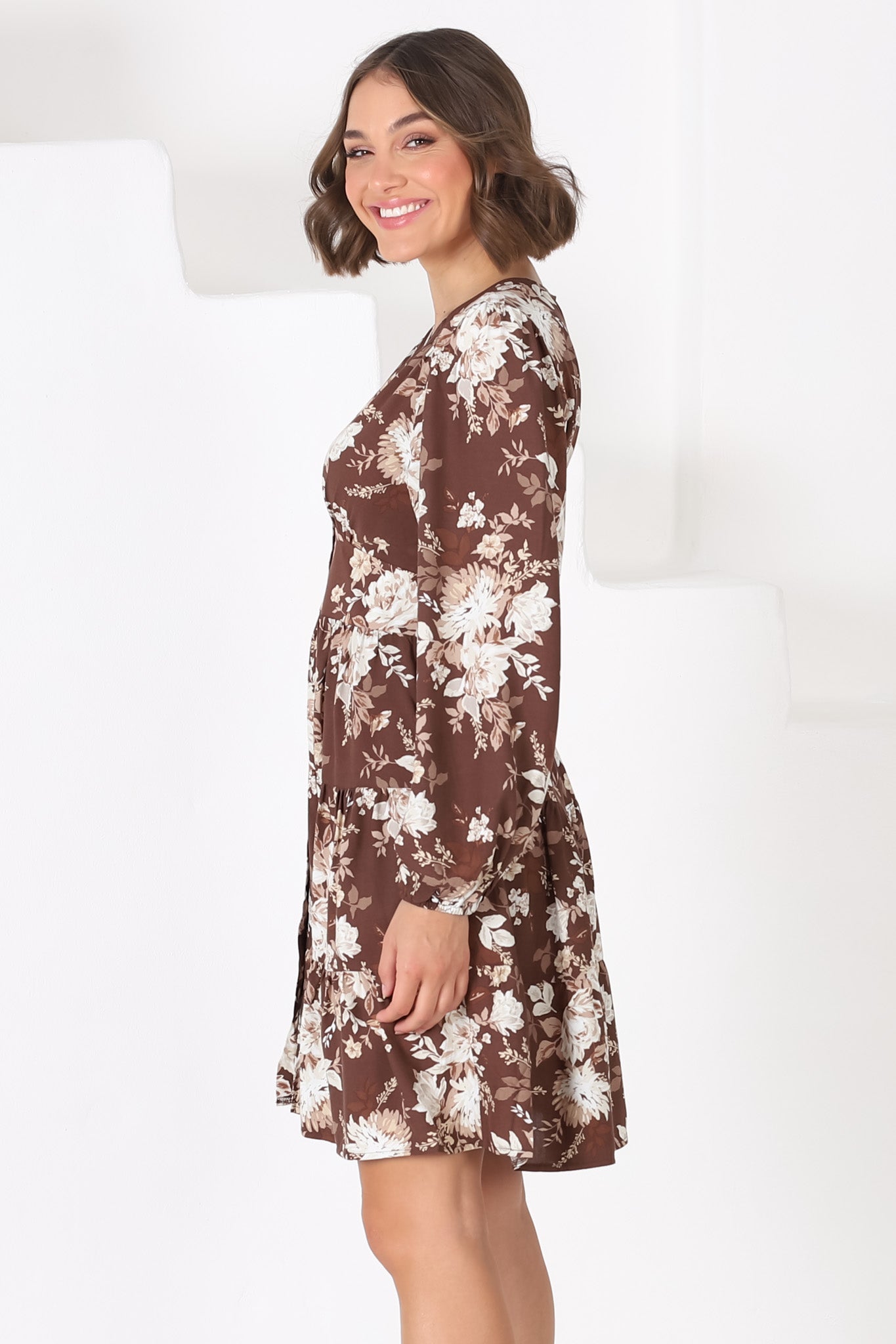 Soho Mini Dress - A Line Button Down Tiered Dress in Berna Print Brown