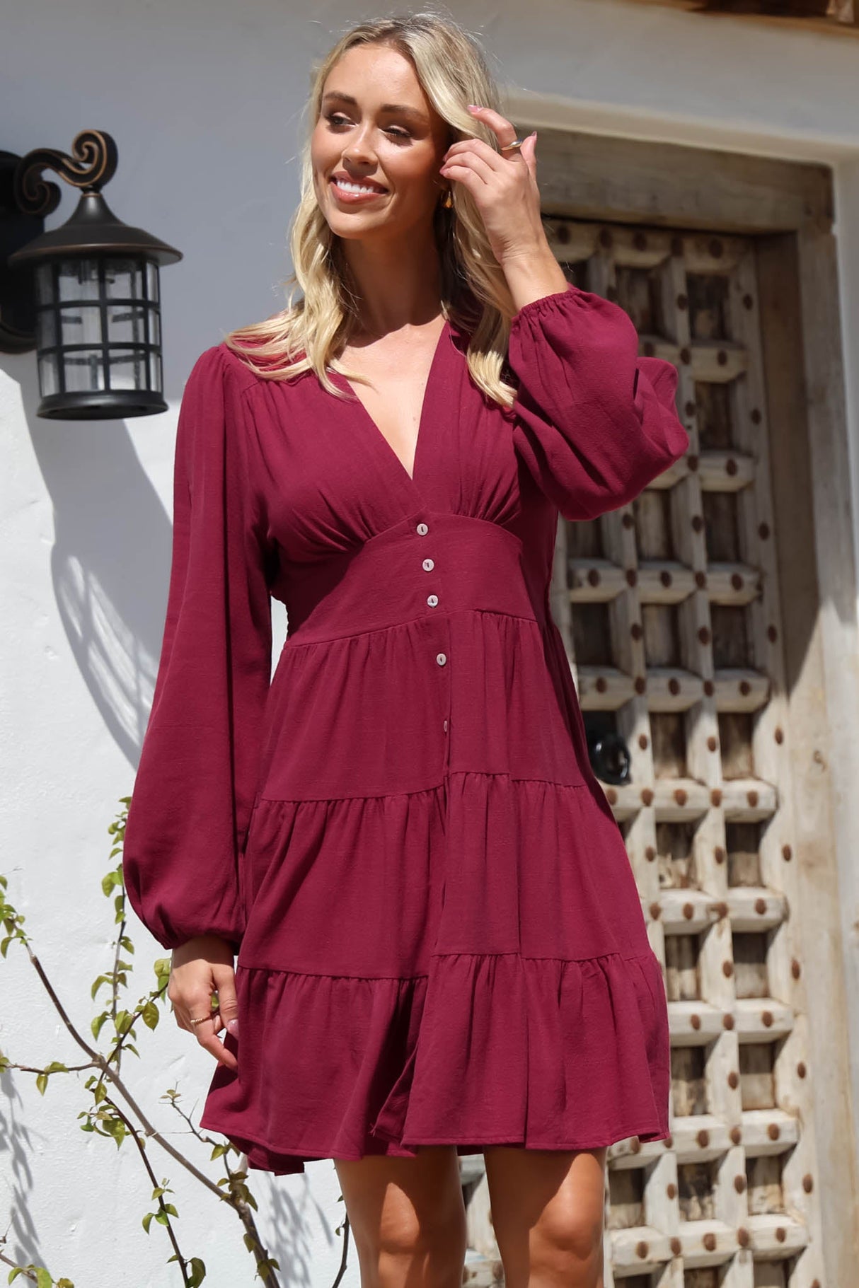Soho Mini Dress - A Line Button Down Tiered Dress in Berry