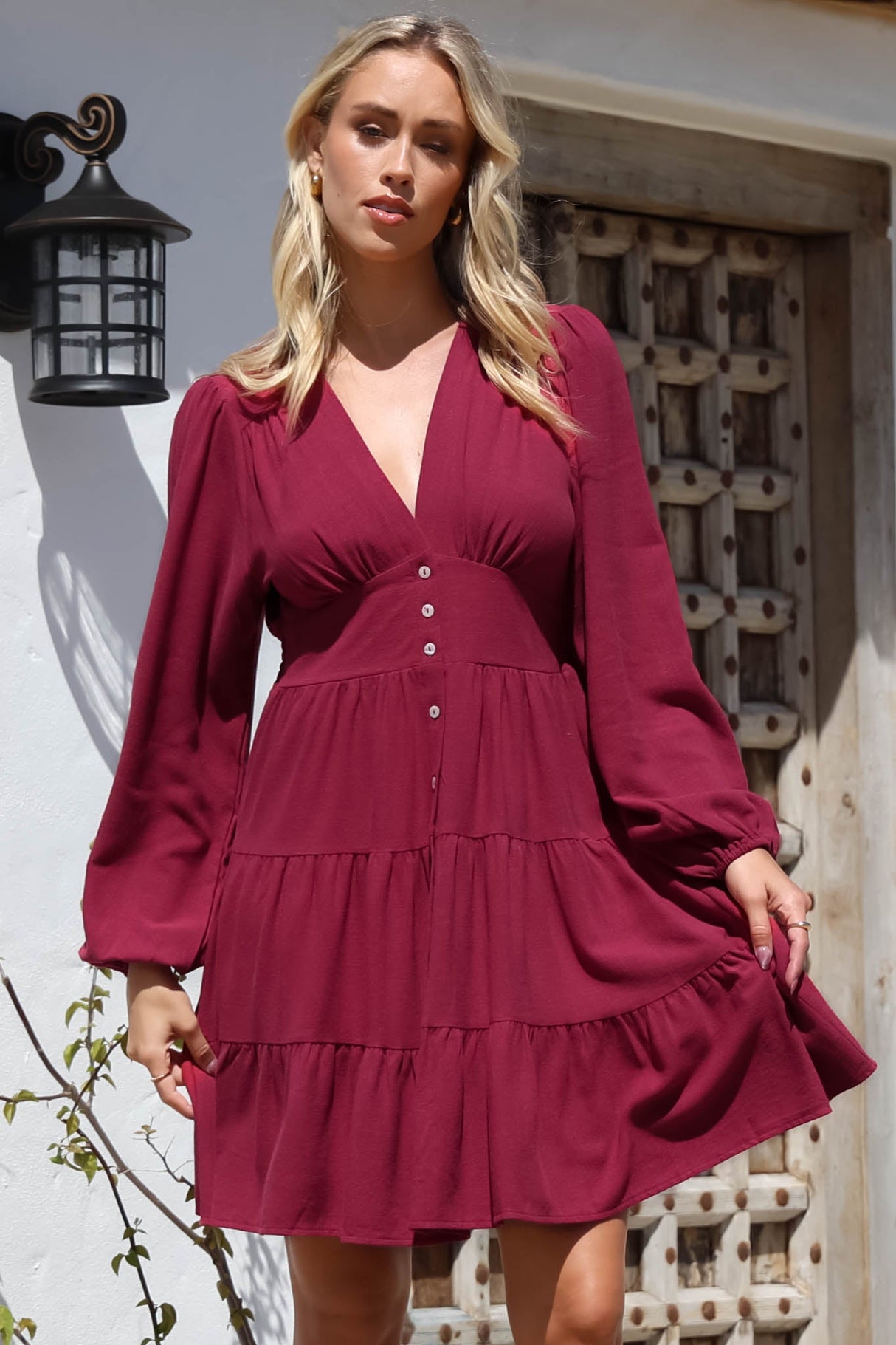 Soho Mini Dress - A Line Button Down Tiered Dress in Berry