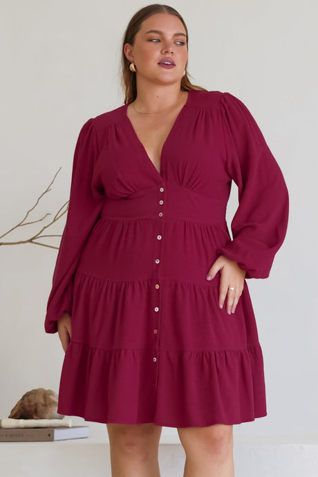 Soho Mini Dress - A Line Button Down Tiered Dress in Berry