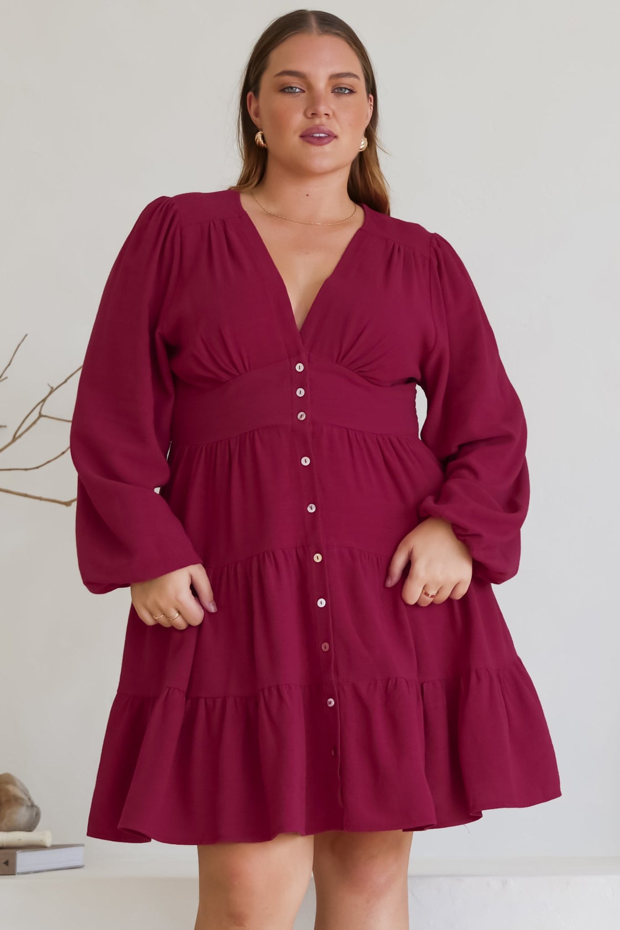 Soho Mini Dress - A Line Button Down Tiered Dress in Berry