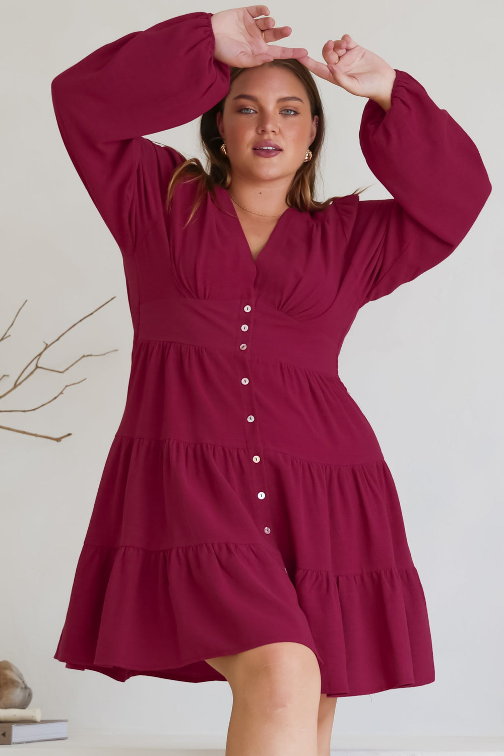 Soho Mini Dress - A Line Button Down Tiered Dress in Berry