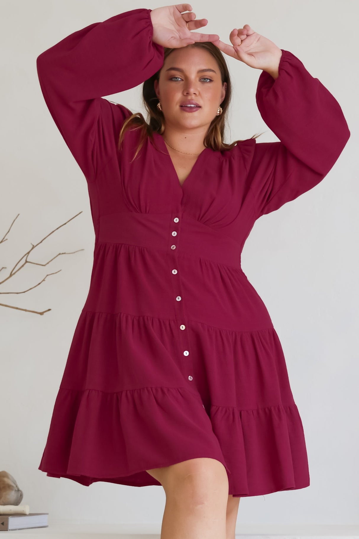 Soho Mini Dress - A Line Button Down Tiered Dress in Berry