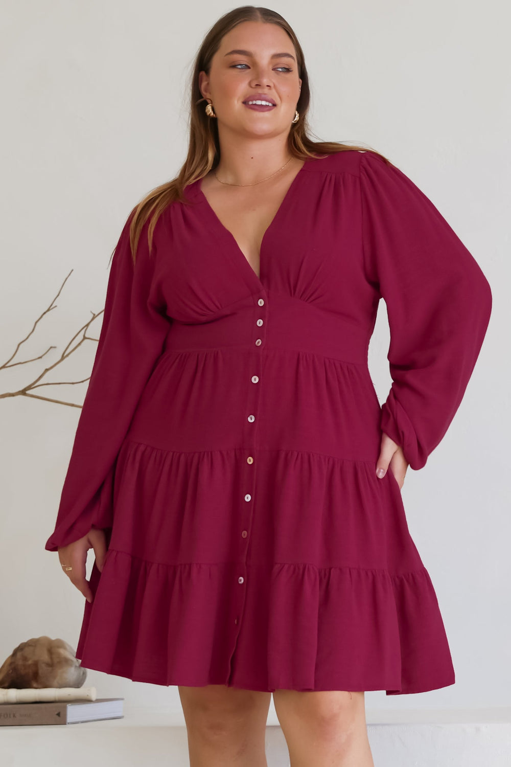 Soho Mini Dress - A Line Button Down Tiered Dress in Berry