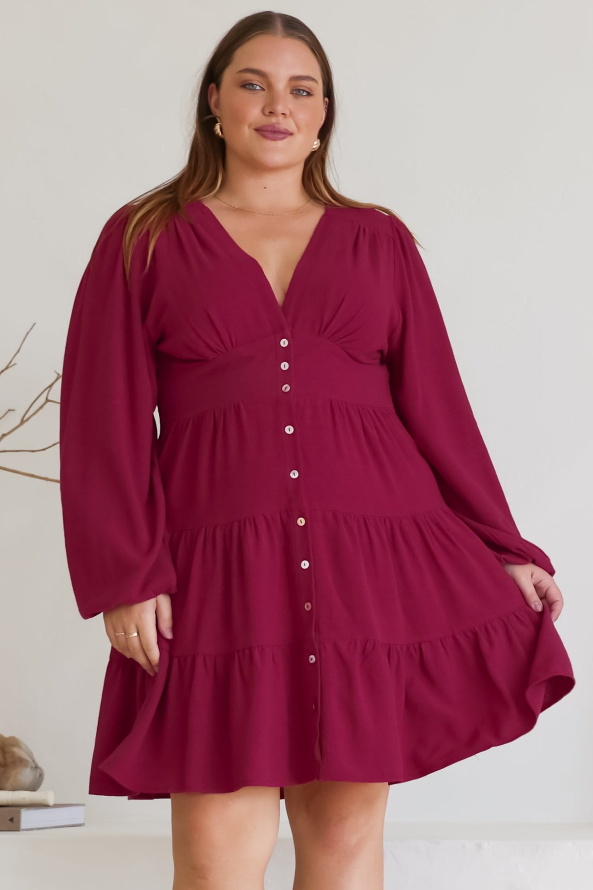 Soho Mini Dress - A Line Button Down Tiered Dress in Berry