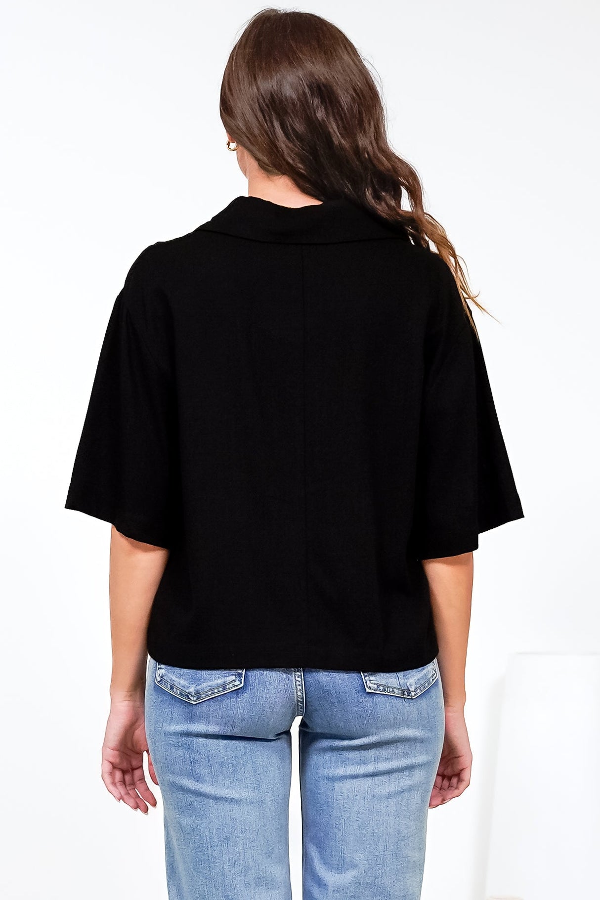 Solana Top - Collared Buttoned Neckline Boxy Tee in Black