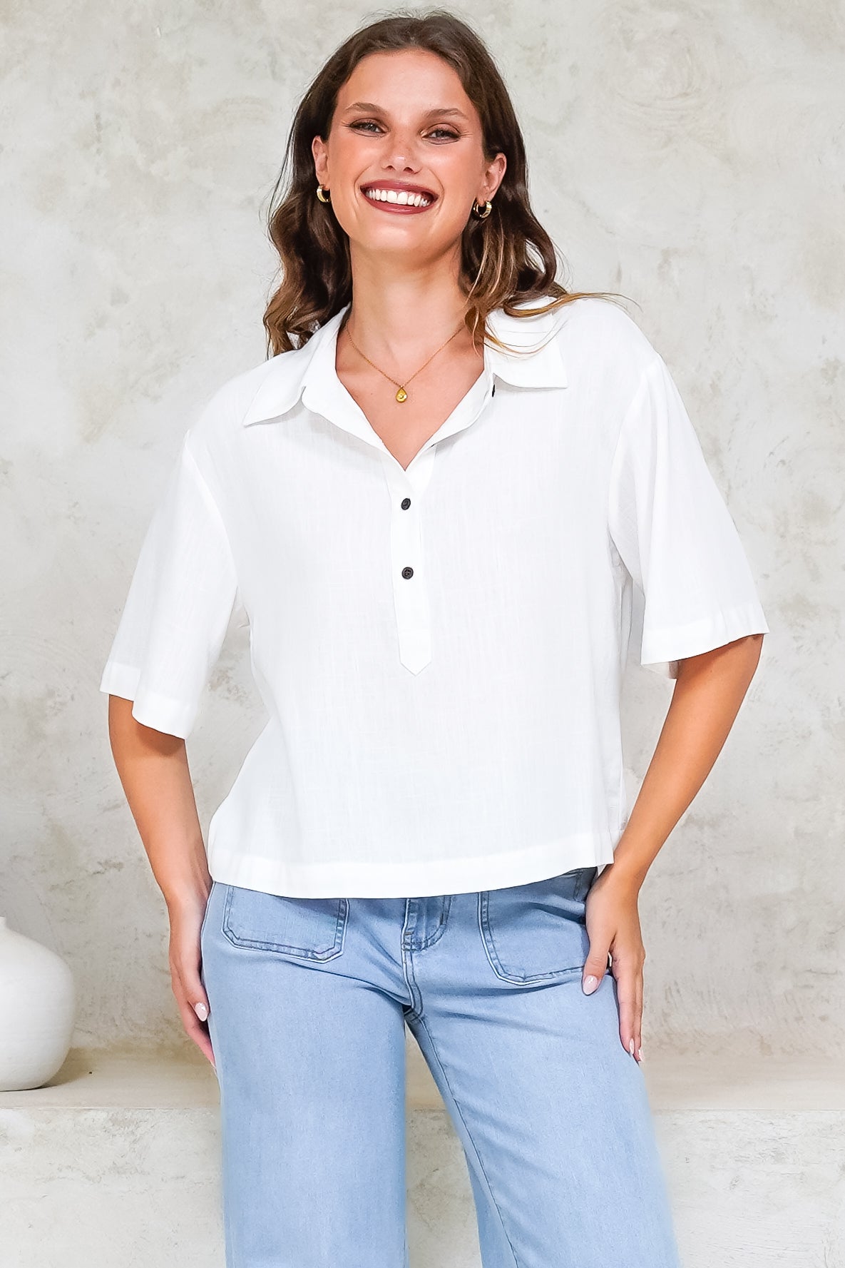 Solana Top - Collared Buttoned Neckline Boxy Tee in White