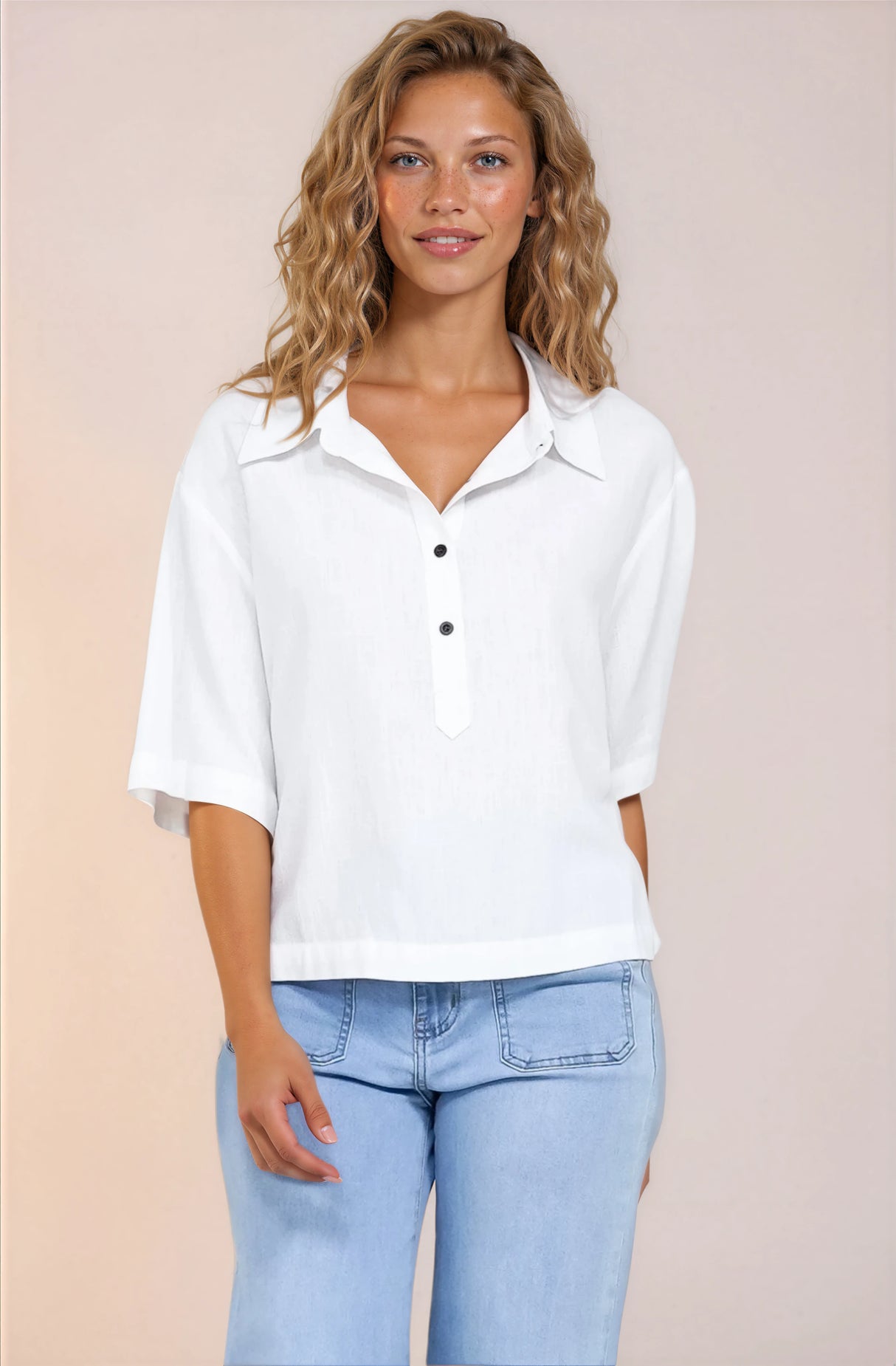 Solana Top - Collared Buttoned Neckline Boxy Tee in White