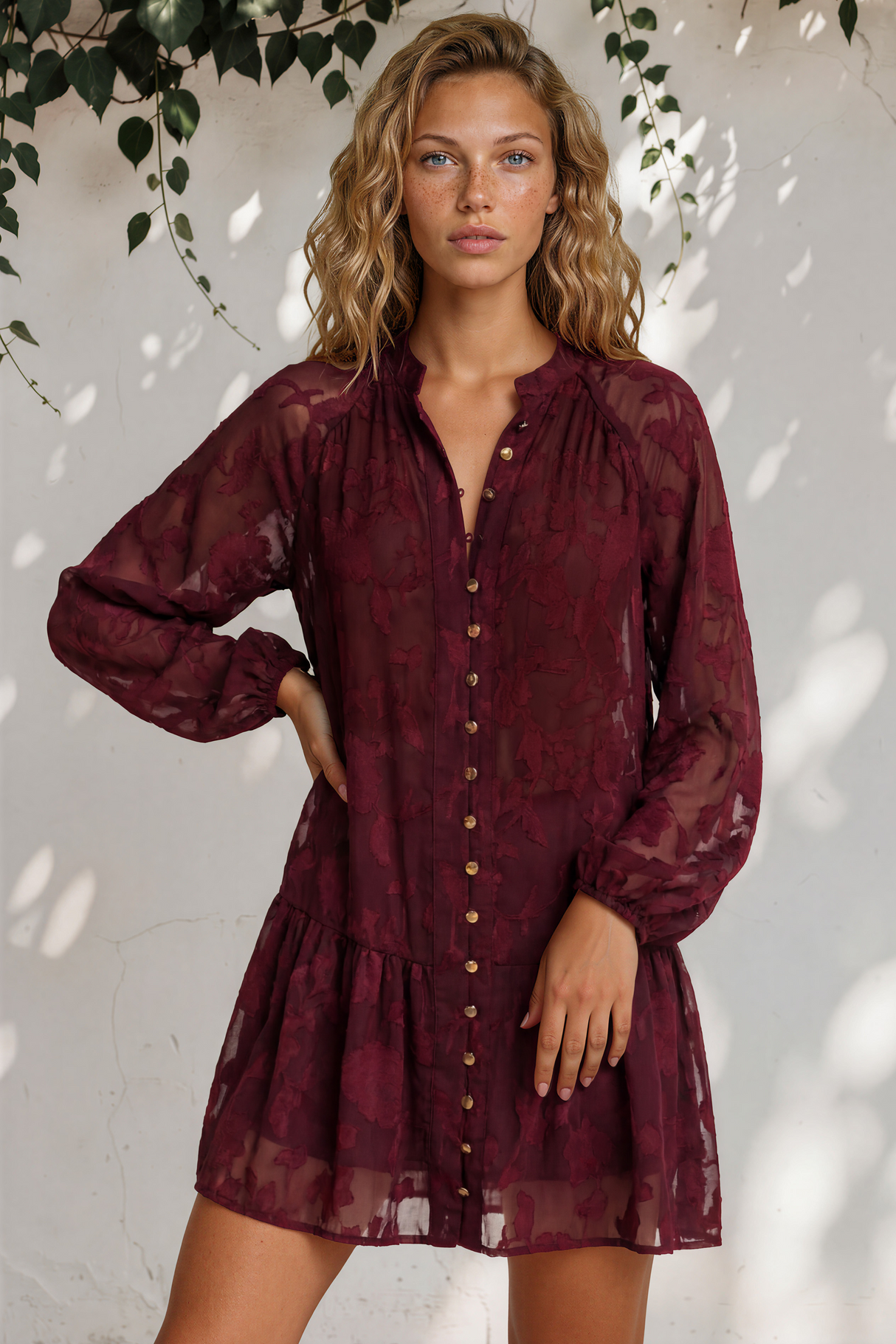 Model wearing Solange Mini Dress in Wine from Salty Crush