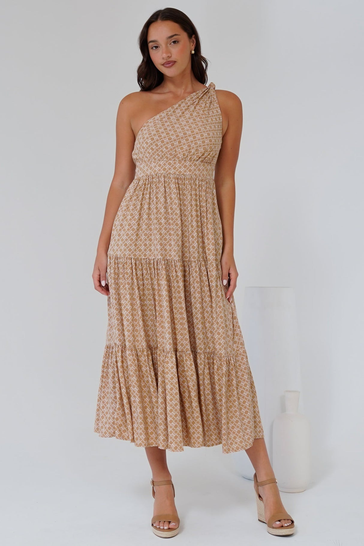 Solara Midi Dress - One Shoulder A-Line Midi Dress in Tango Print