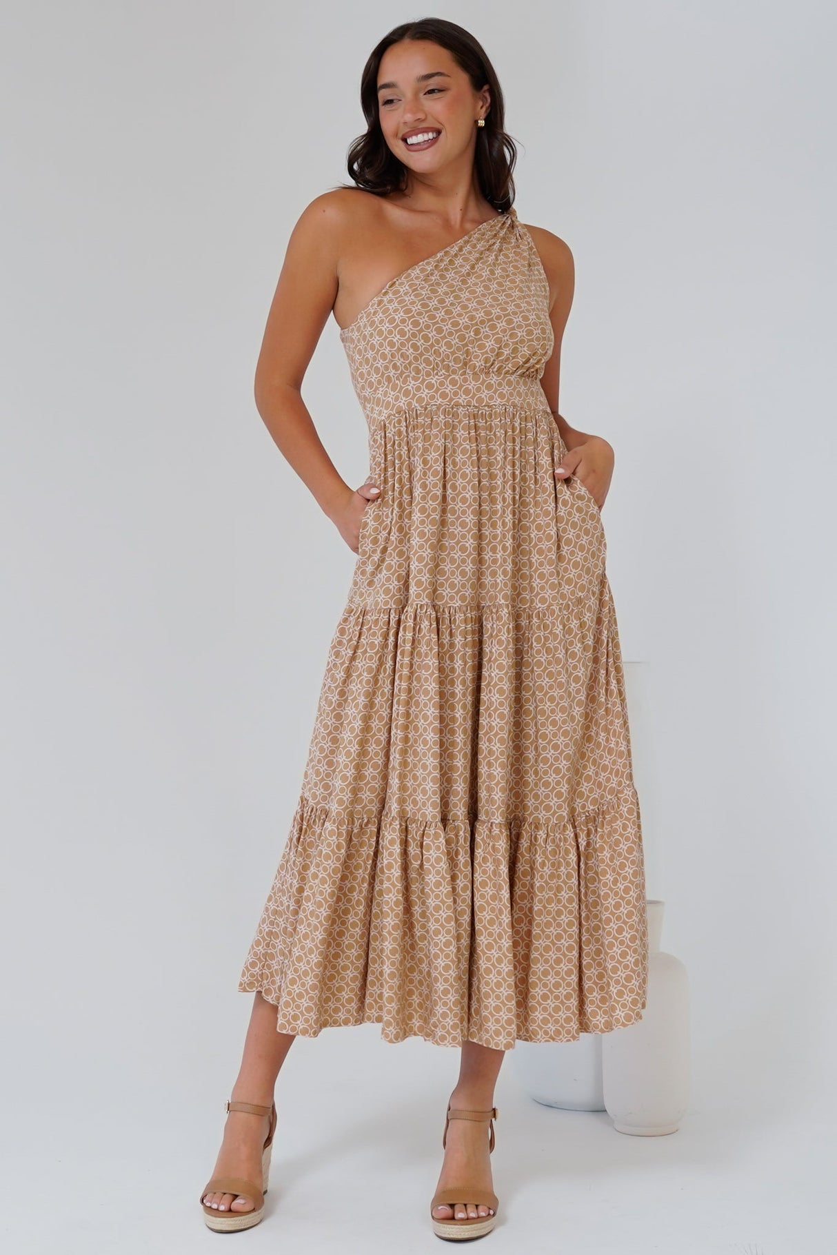 Solara Midi Dress - One Shoulder A-Line Midi Dress in Tango Print