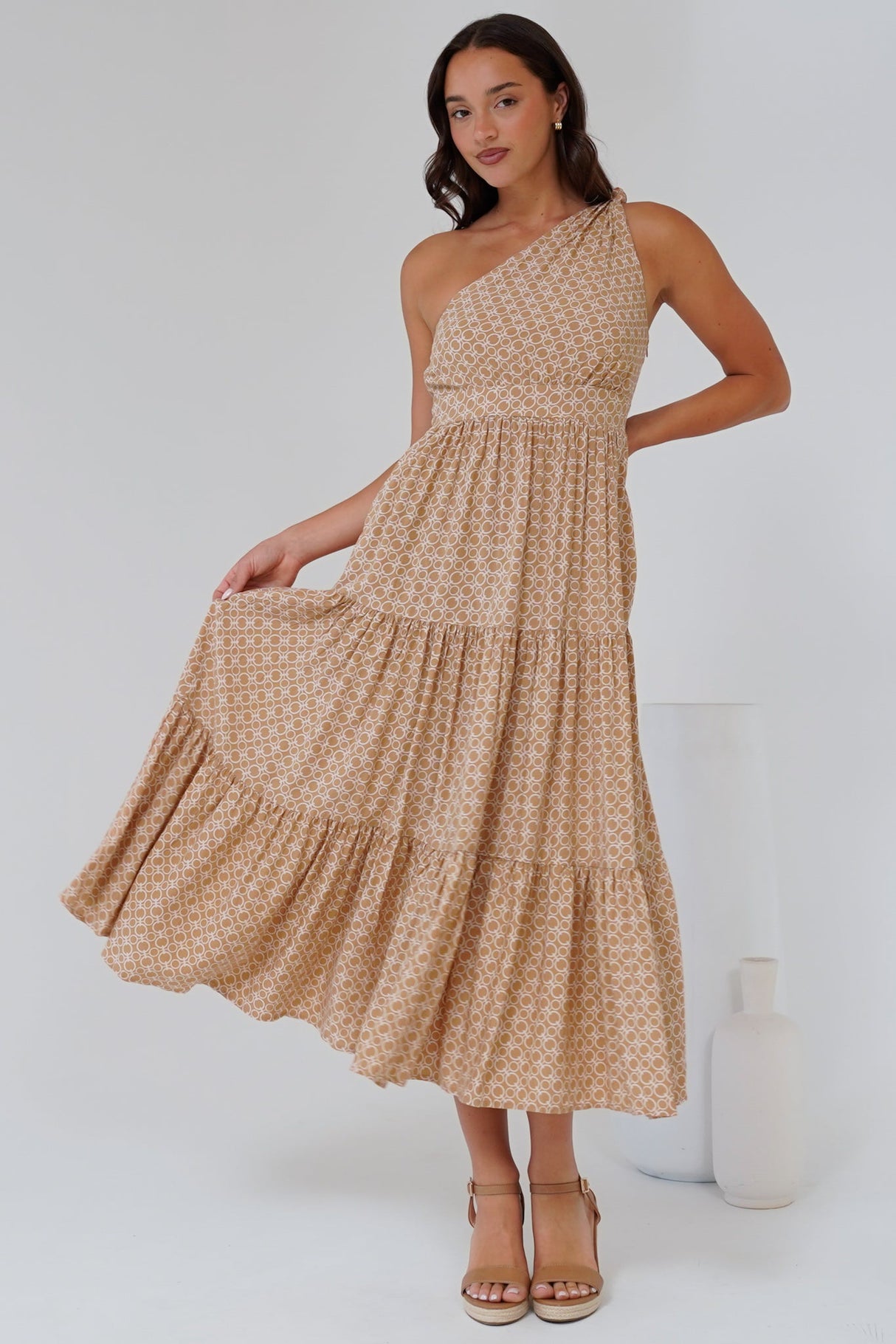 Solara Midi Dress - One Shoulder A-Line Midi Dress in Tango Print