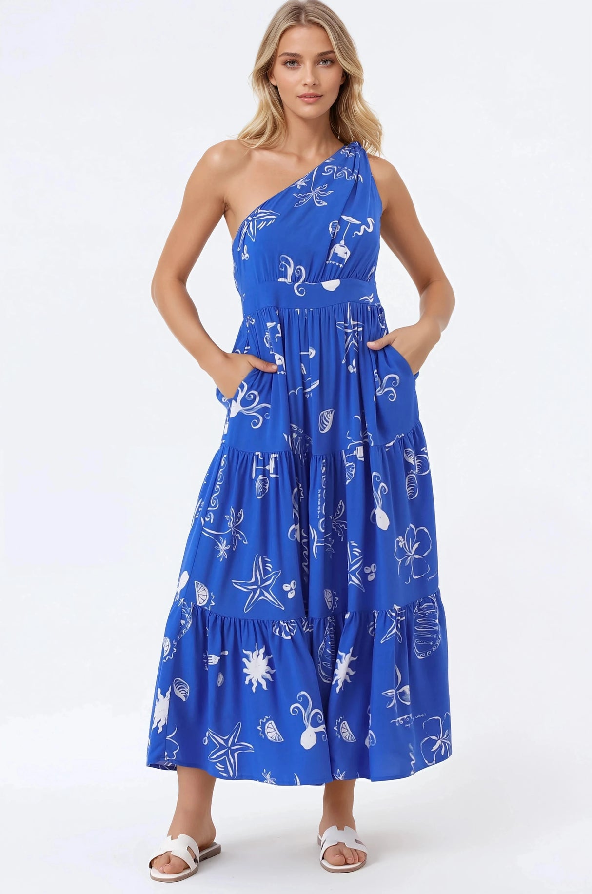 Solara Midi Dress - One Shoulder A-Line Midi Dress in Umiko Print