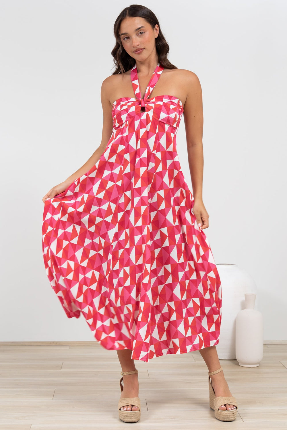 Solie Midi Dress - Halter Neck Dress with Elasticated Back in Lynne Print