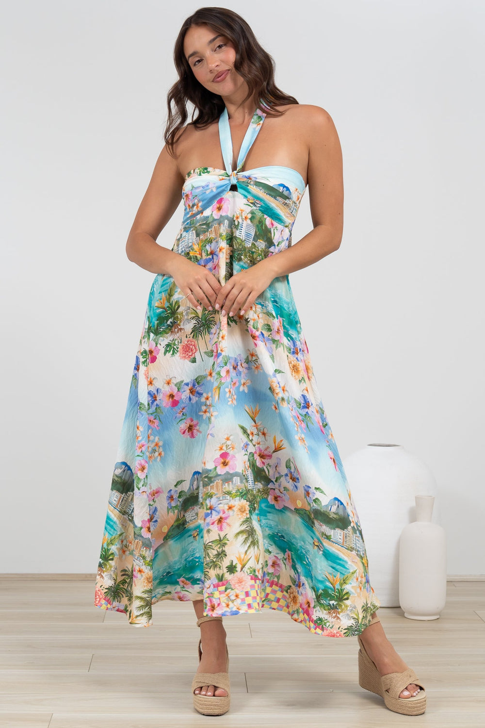 Solie Midi Dress - Halter Neck Dress with Elasticated Back in Della Print