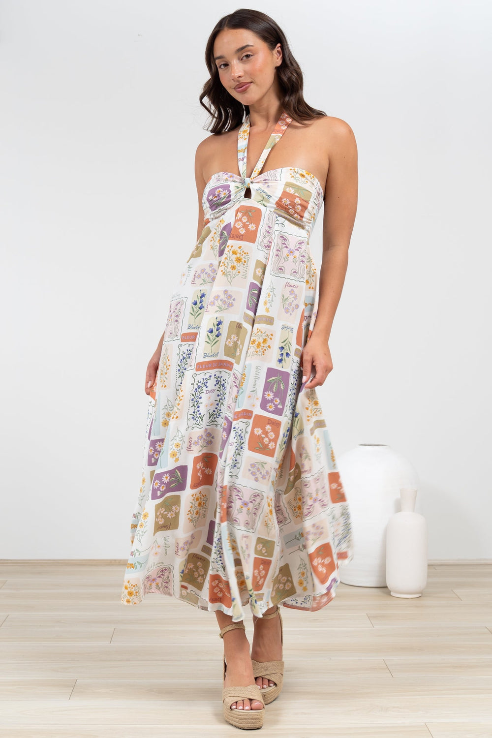 Solie Midi Dress - Halter Neck Dress with Elasticated Back in Reina Print