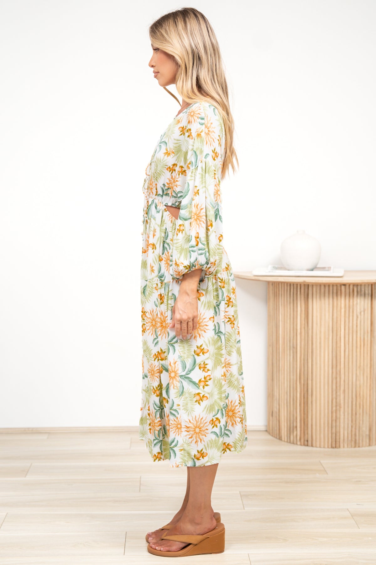 Sona Midi Dress - V Neck Cut Out Detail A Line Dress in LaBella Print