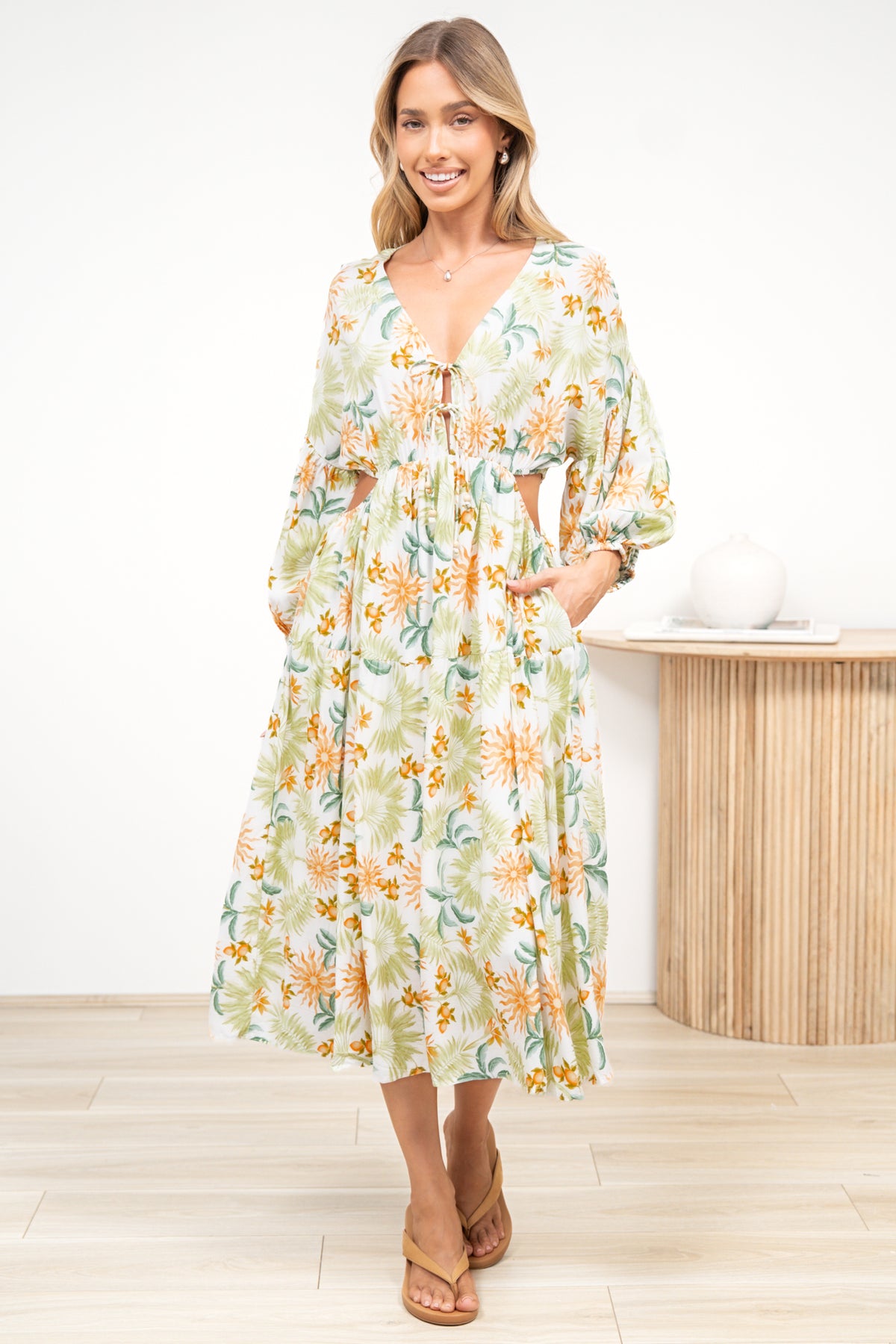 Sona Midi Dress - V Neck Cut Out Detail A Line Dress in LaBella Print