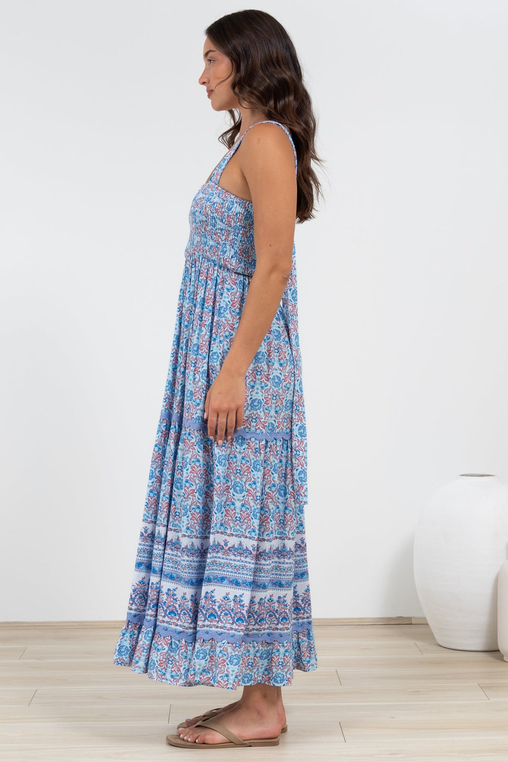 Sophea Midi Dress - Adjustable Strap Tiered Ric Rac Spliced Sun Dress in Iolana Print