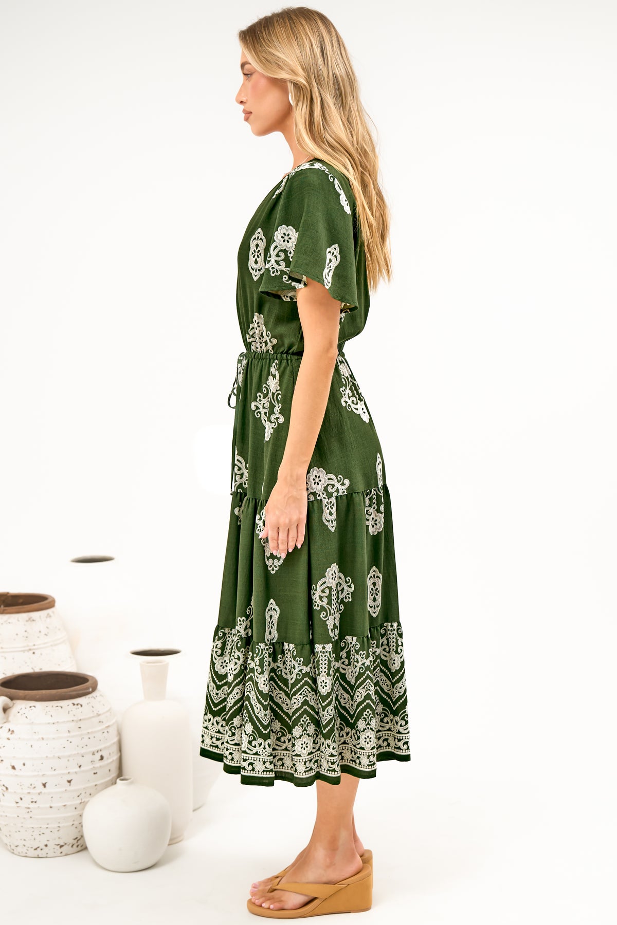 Soraya Midi Dress - V Neck Front Button A Line Dress with Adjustable Waist Tie in Azzurra Print Green