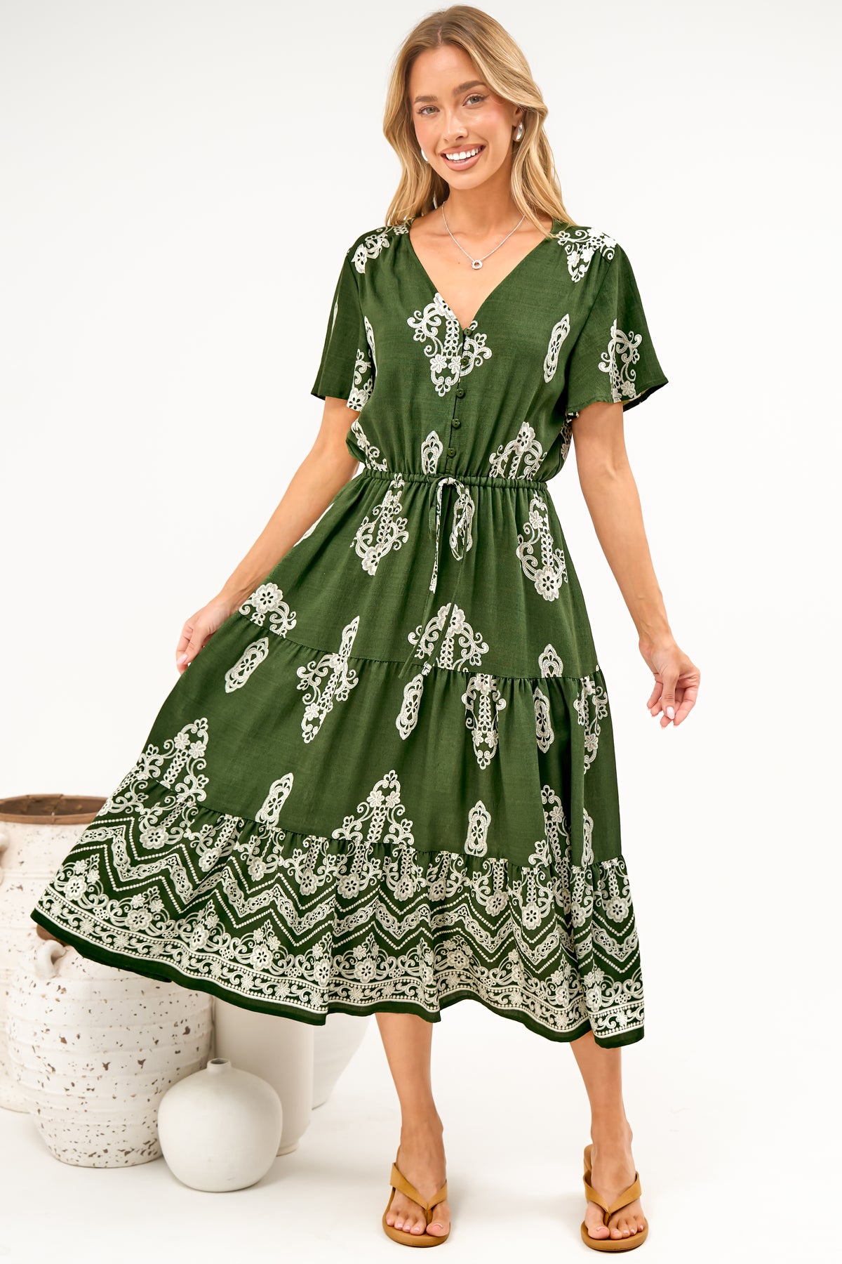 Soraya Midi Dress - V Neck Front Button A Line Dress with Adjustable Waist Tie in Azzurra Print Green