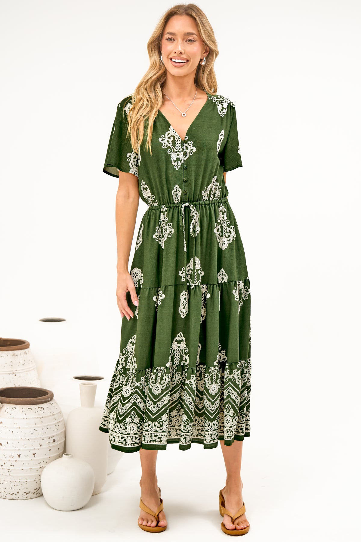 Soraya Midi Dress - V Neck Front Button A Line Dress with Adjustable Waist Tie in Azzurra Print Green