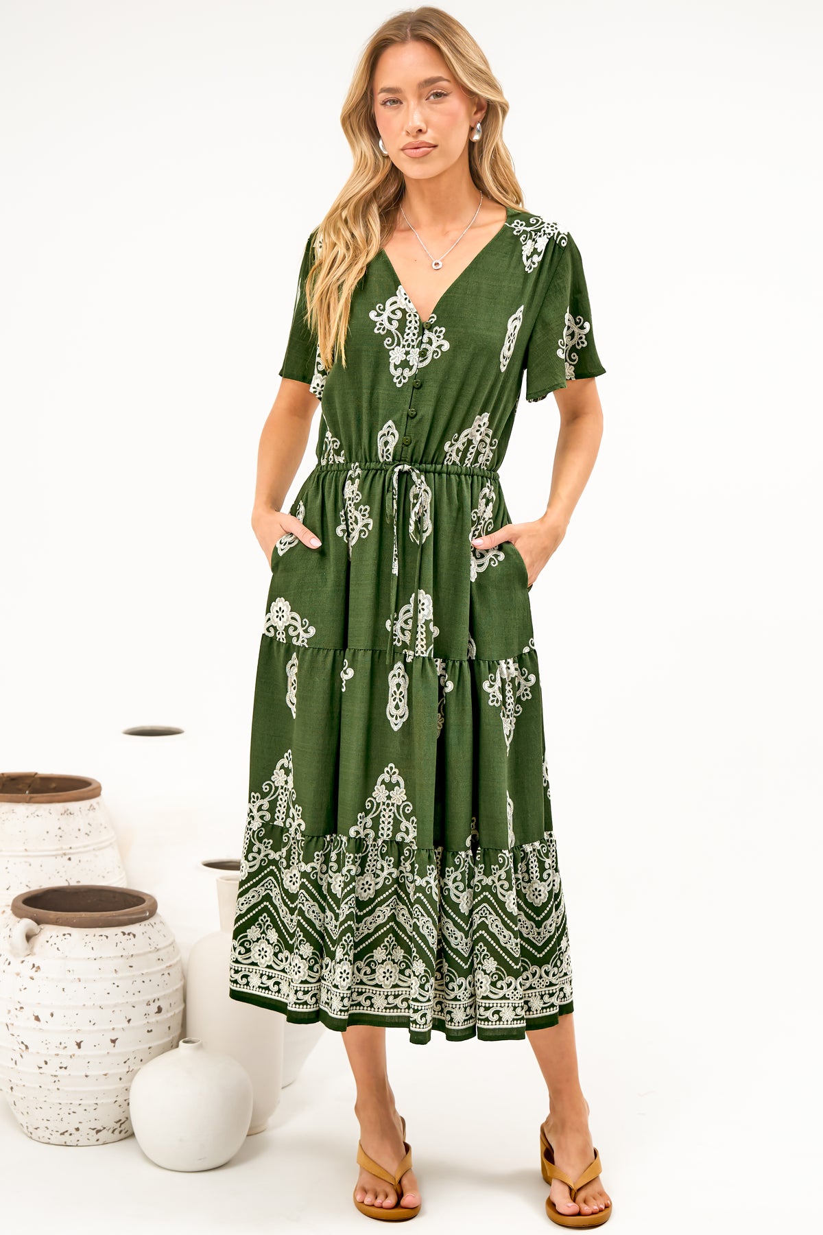 Soraya Midi Dress - V Neck Front Button A Line Dress with Adjustable Waist Tie in Azzurra Print Green