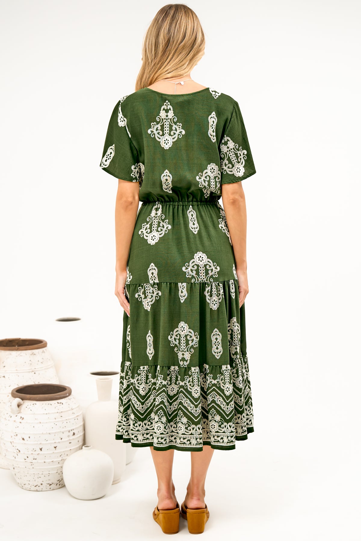 Soraya Midi Dress - V Neck Front Button A Line Dress with Adjustable Waist Tie in Azzurra Print Green