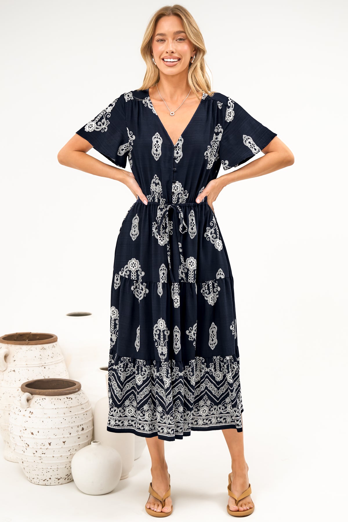 Soraya Midi Dress - V Neck Front Button A Line Dress with Adjustable Waist Tie in Azzurra Print Navy