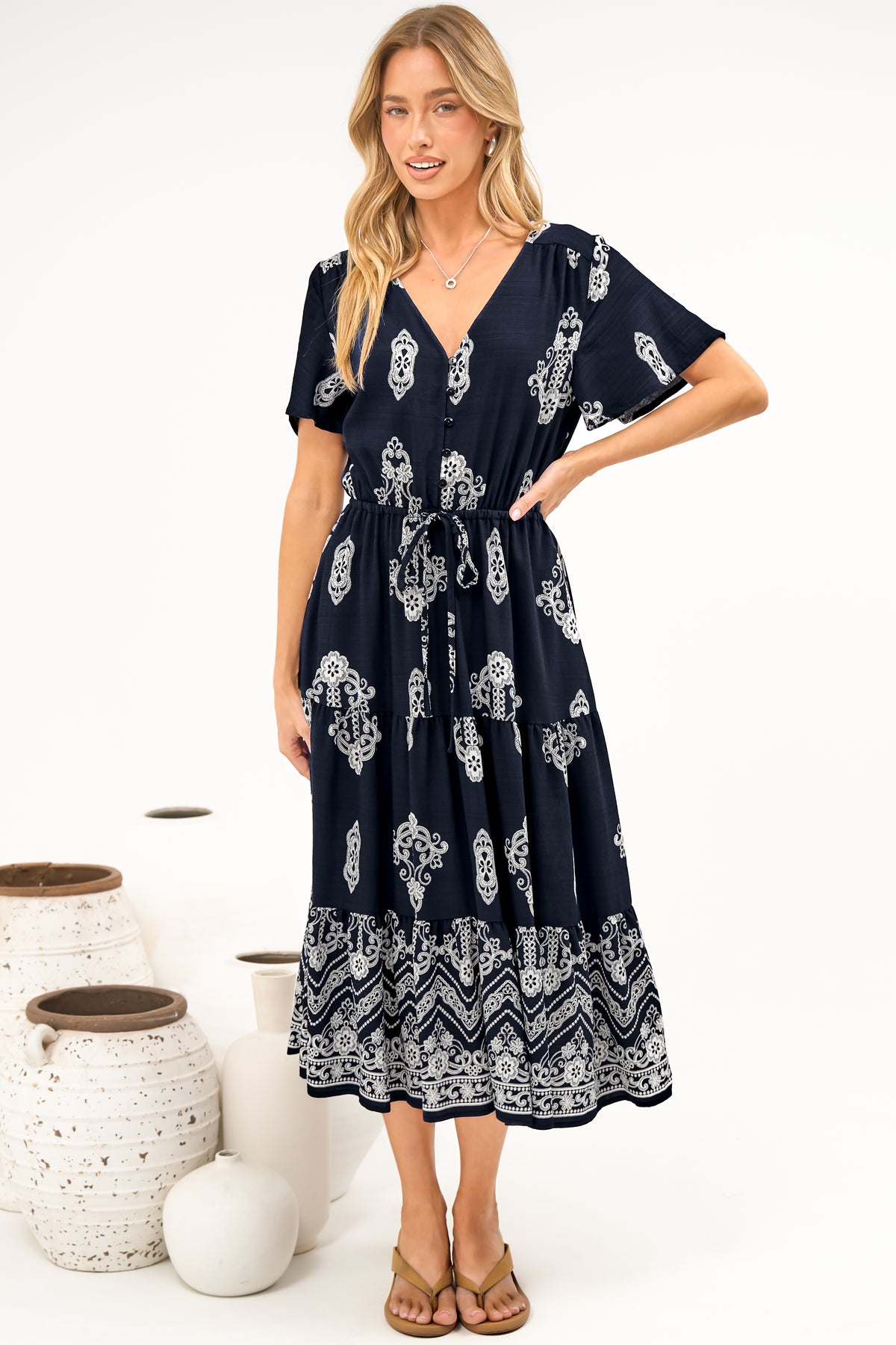 Soraya Midi Dress - V Neck Front Button A Line Dress with Adjustable Waist Tie in Azzurra Print Navy