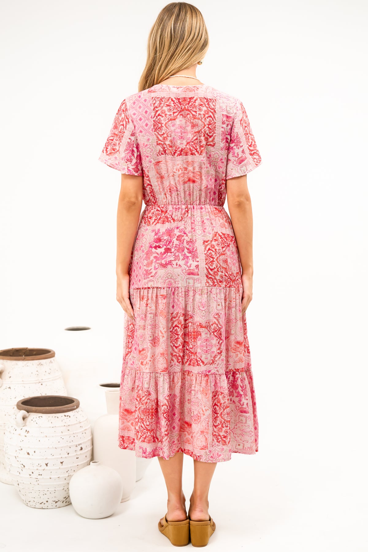 Soraya Midi Dress - V Neck Front Button A Line Dress with Adjustable Waist Tie in Coralise Print Pink