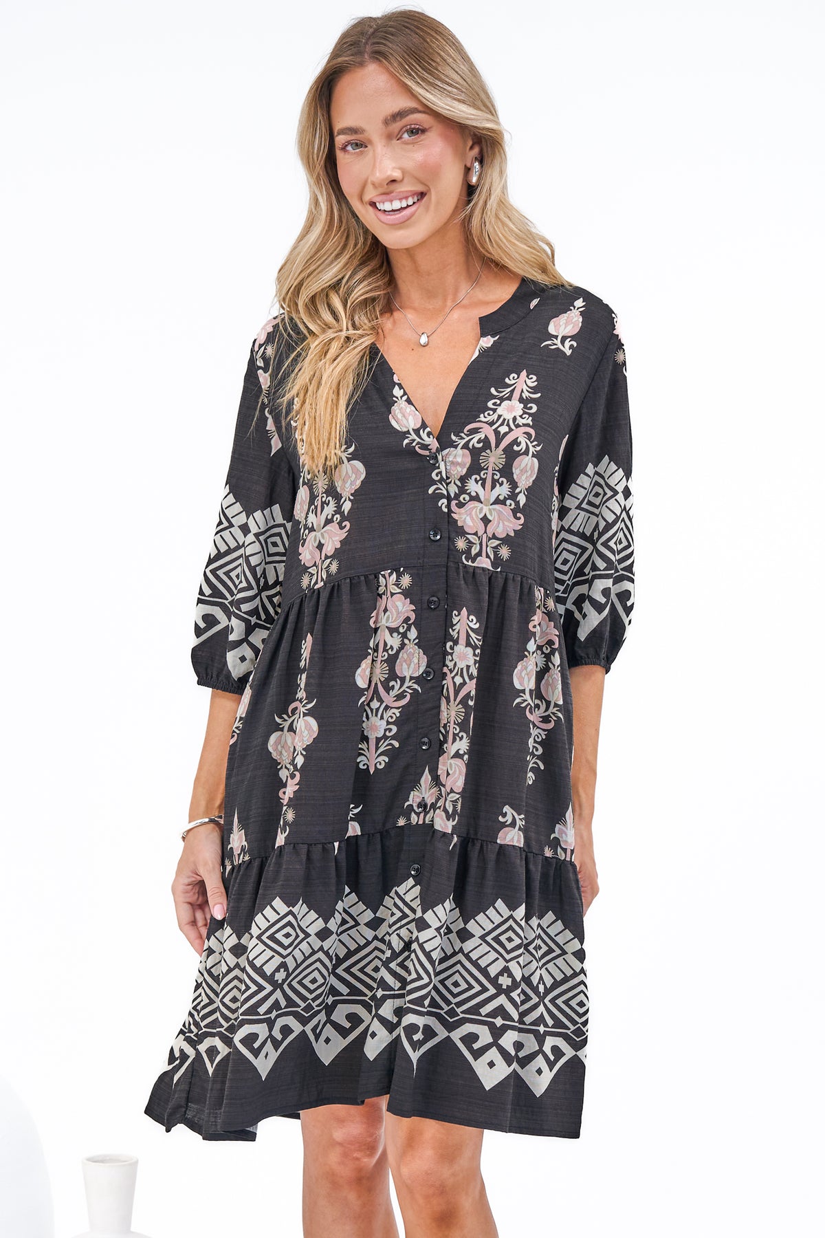 Sorrento Mini Dress - V-Neck Shift Dress with Balloon Sleeves in Destinys Print