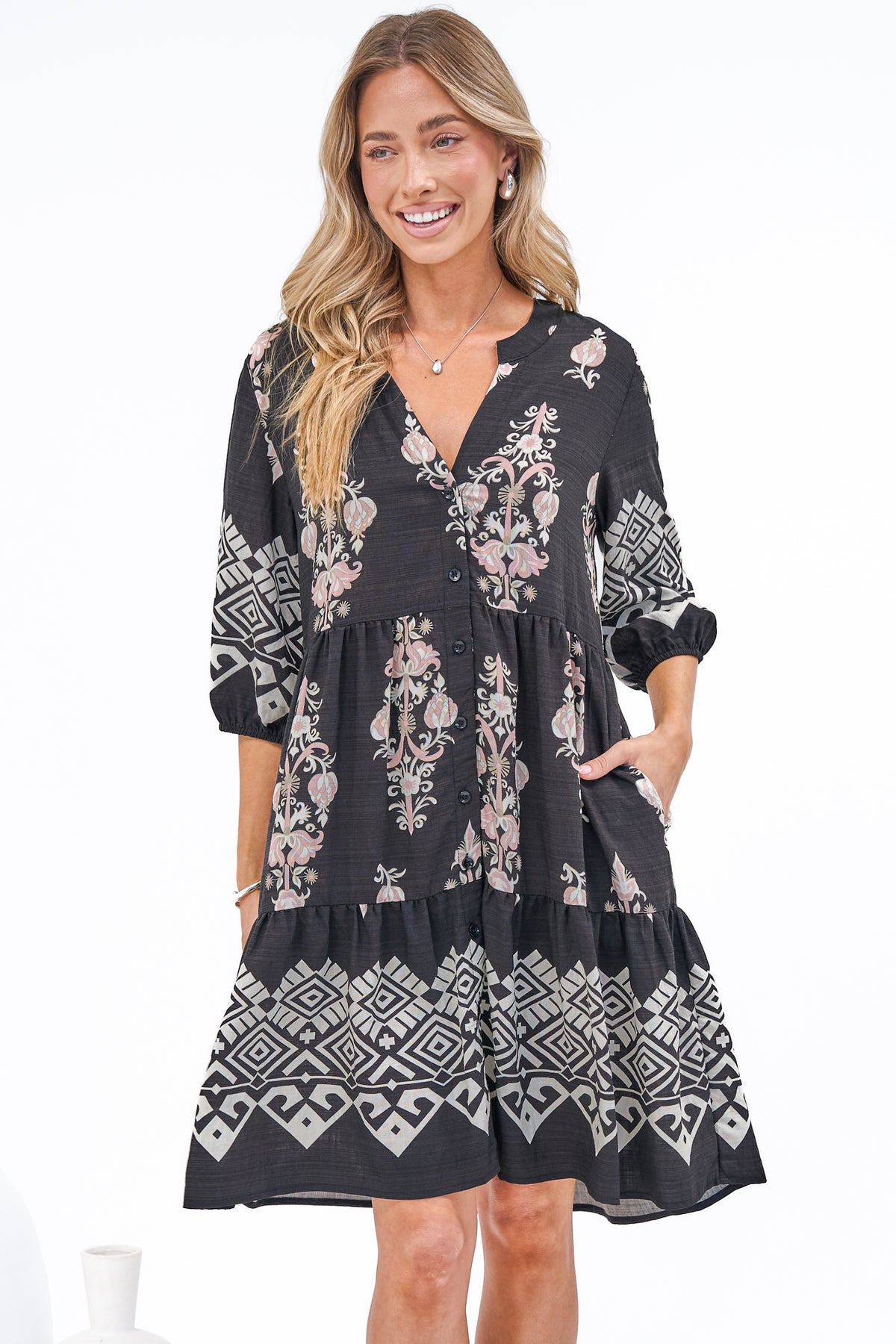 Sorrento Mini Dress - V-Neck Shift Dress with Balloon Sleeves in Destinys Print