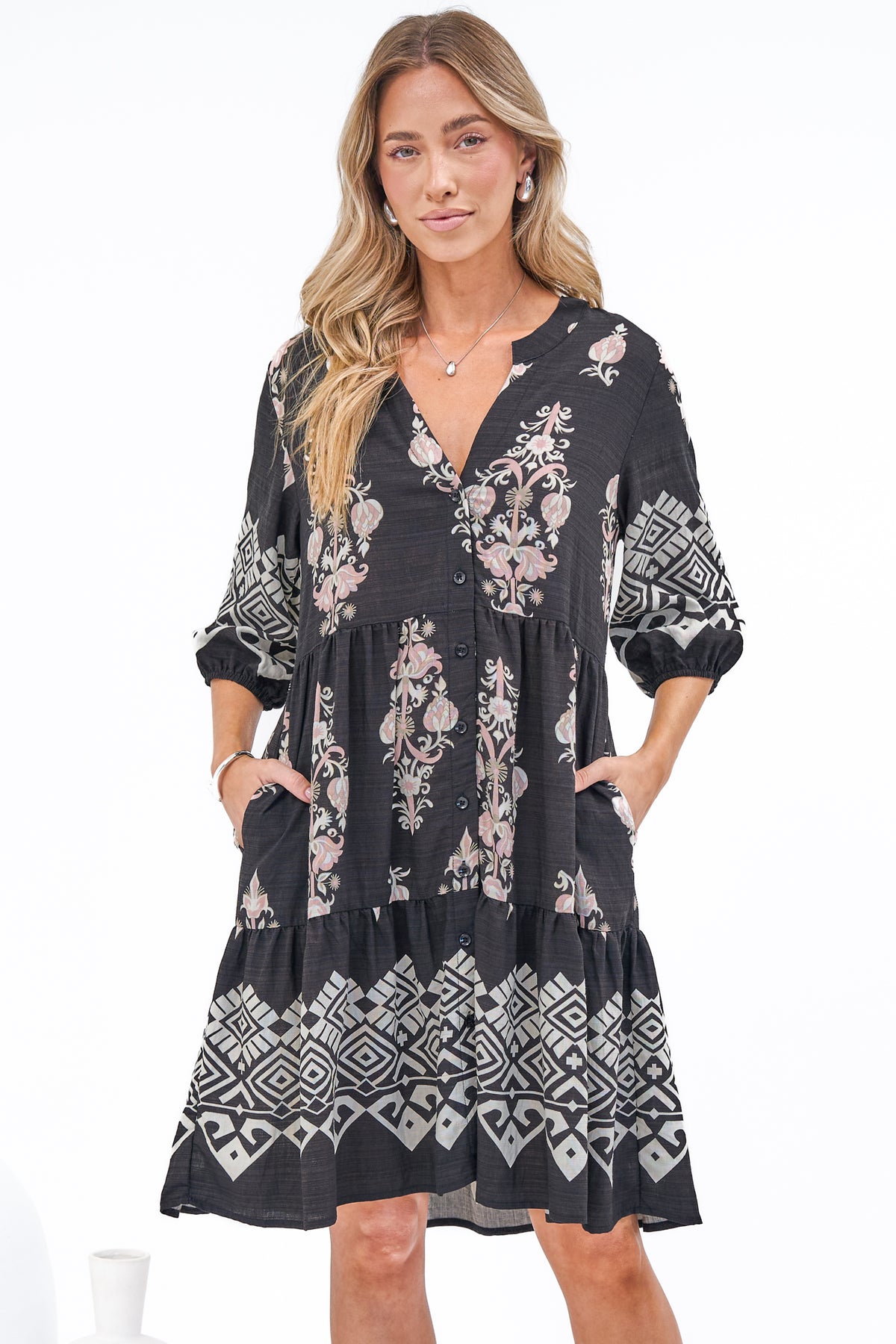 Sorrento Mini Dress - V-Neck Shift Dress with Balloon Sleeves in Destinys Print
