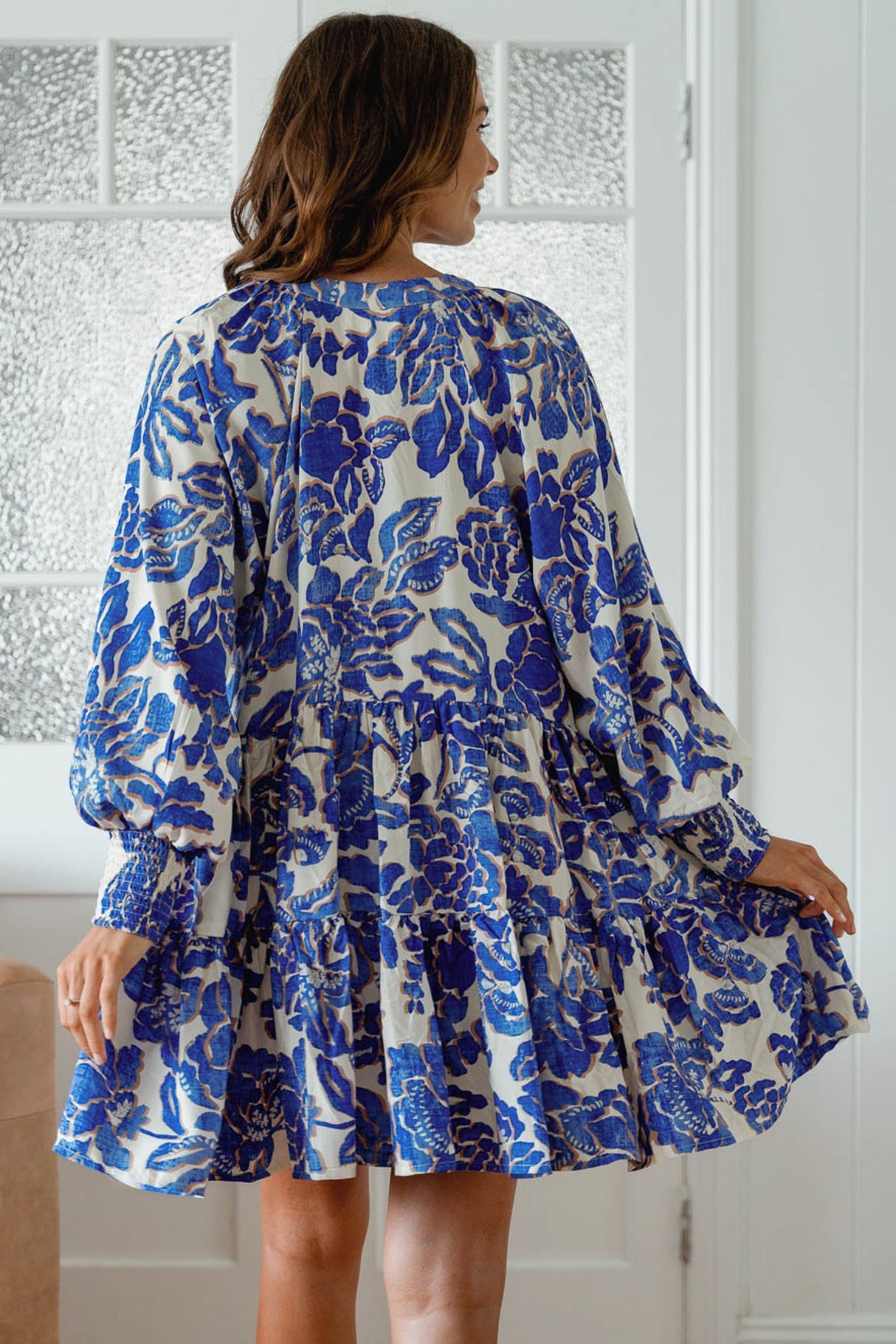 JAASE - Soul Mini Dress: Mandarin Collar V Neck Long Sleeve Smock Dress in the Indigo Bloom Print