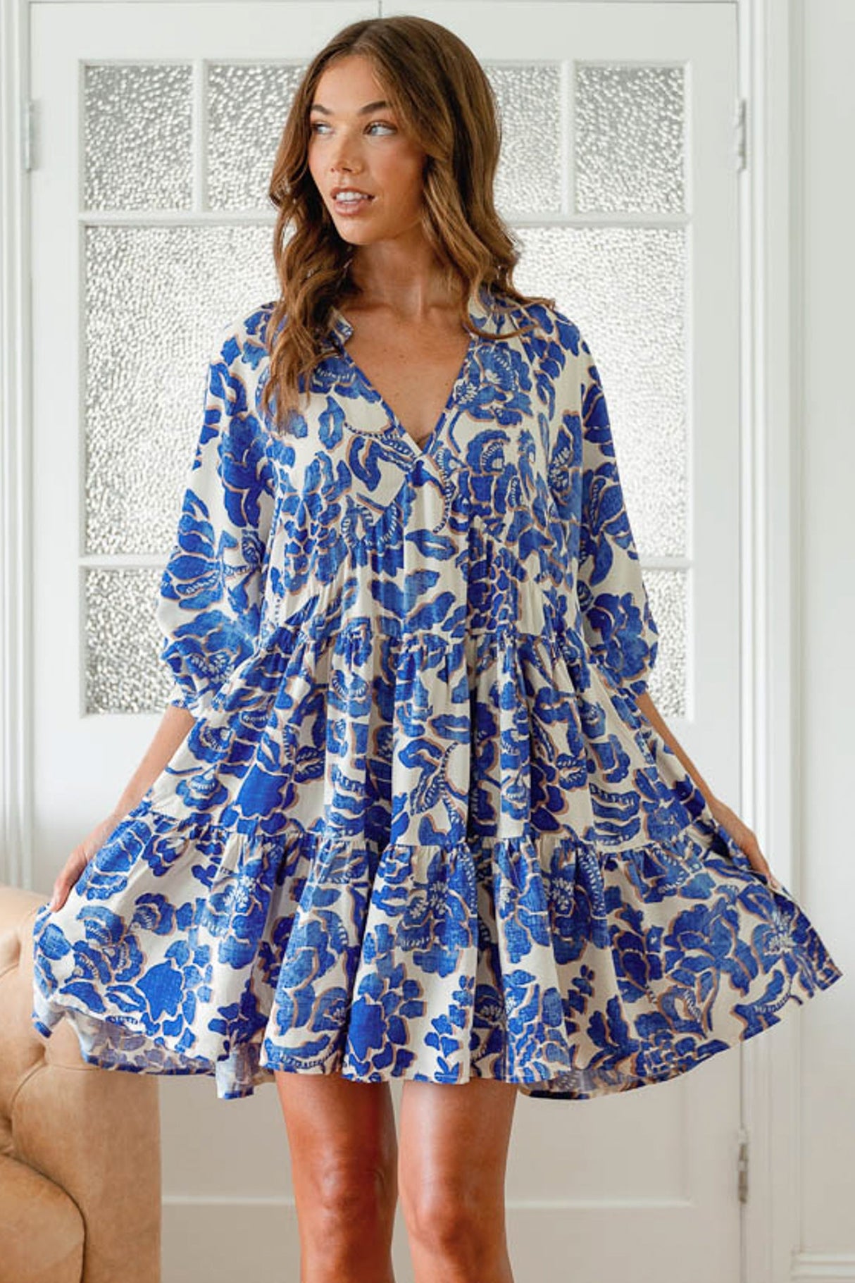 JAASE - Soul Mini Dress: Mandarin Collar V Neck Long Sleeve Smock Dress in the Indigo Bloom Print