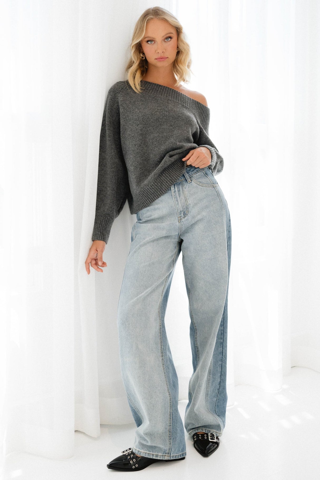 Spencer Jumper - One Shoulder Knit Jumper in Grey