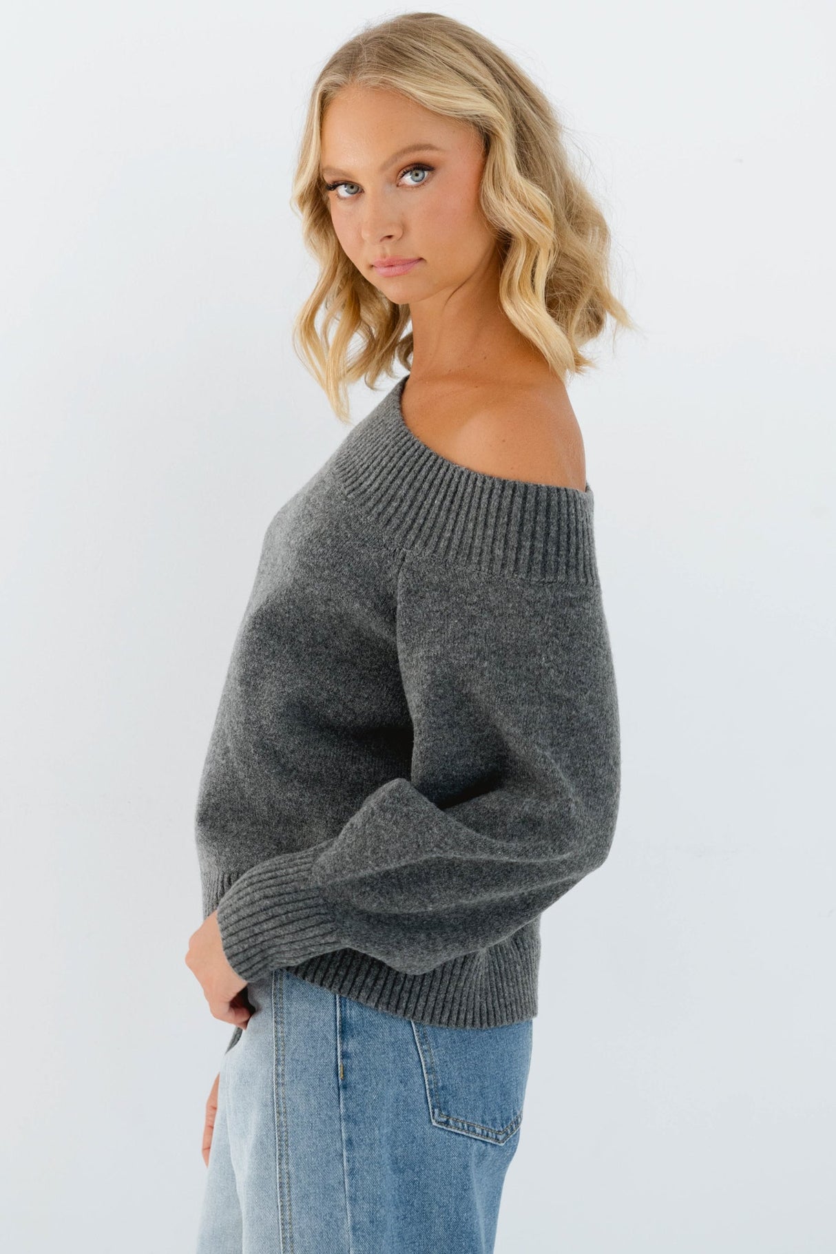 Spencer Jumper - One Shoulder Knit Jumper in Grey