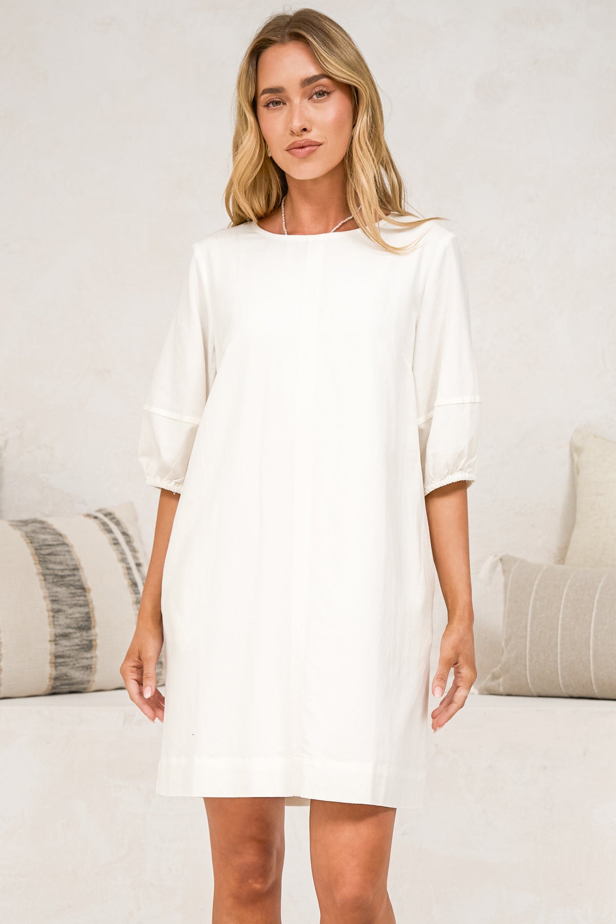 Spencer Mini Dress - Boxy Shift Dress with Puff Sleeves and Pockets in White