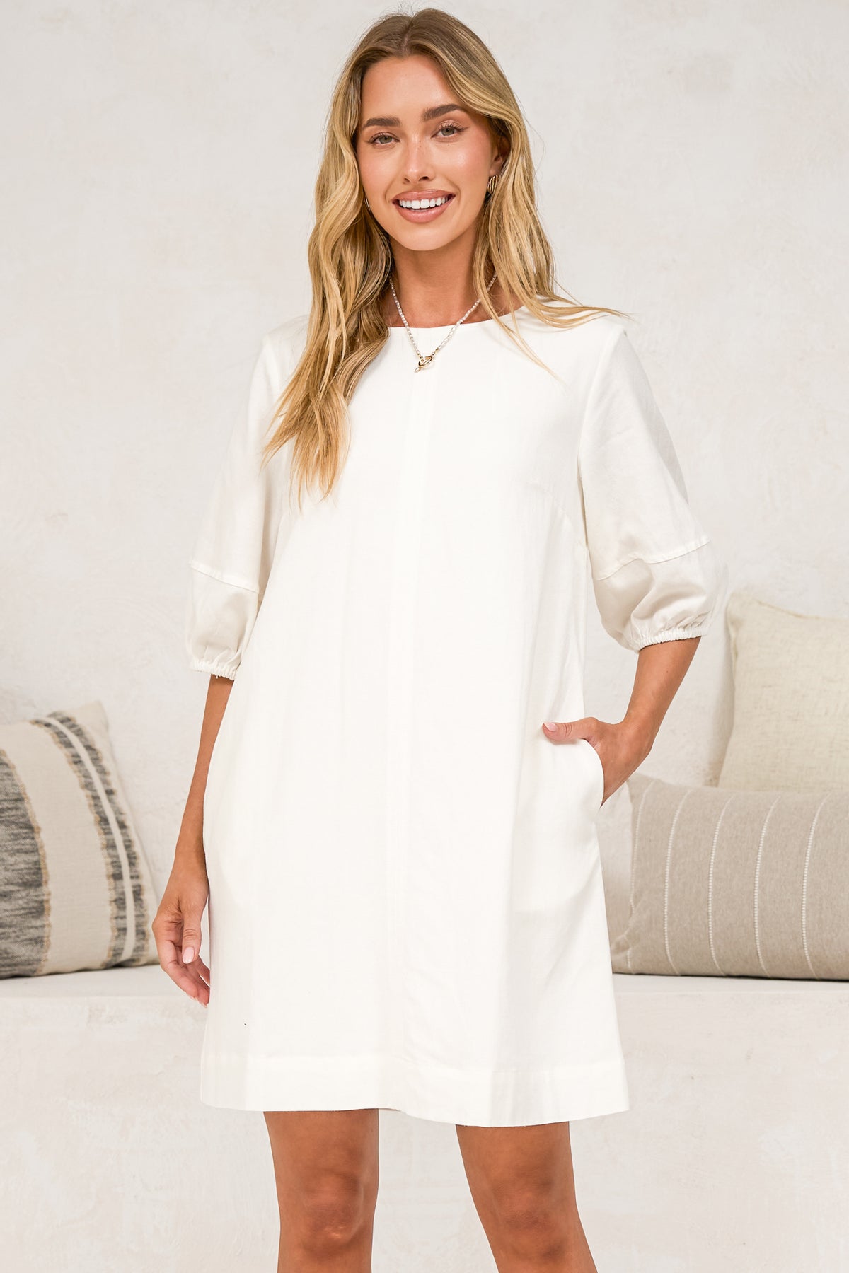 Spencer Mini Dress - Boxy Shift Dress with Puff Sleeves and Pockets in White