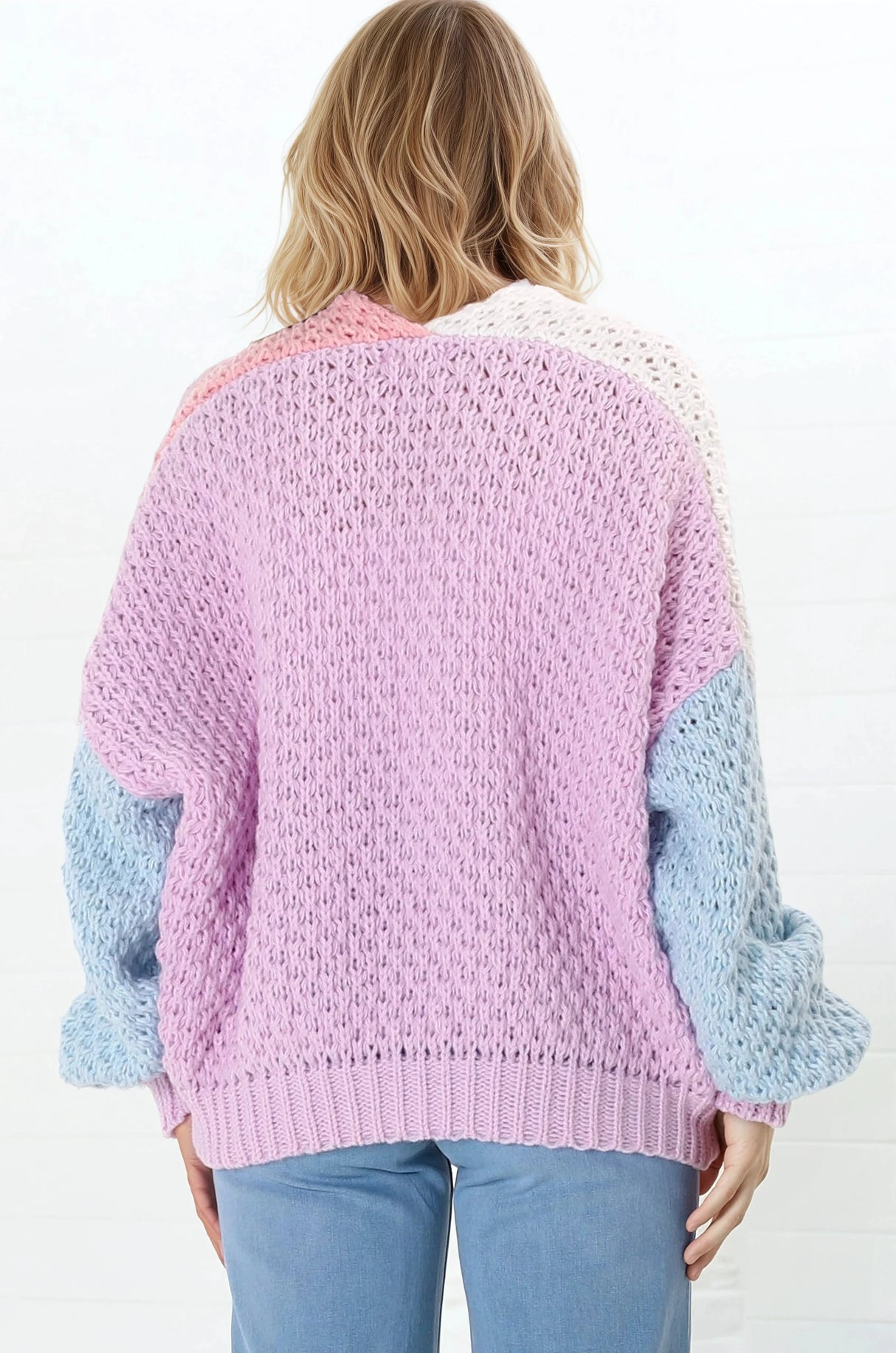 Stacey Cardigan - Waffle Knit Colour Block Crop Cardigan in Pink/Purple
