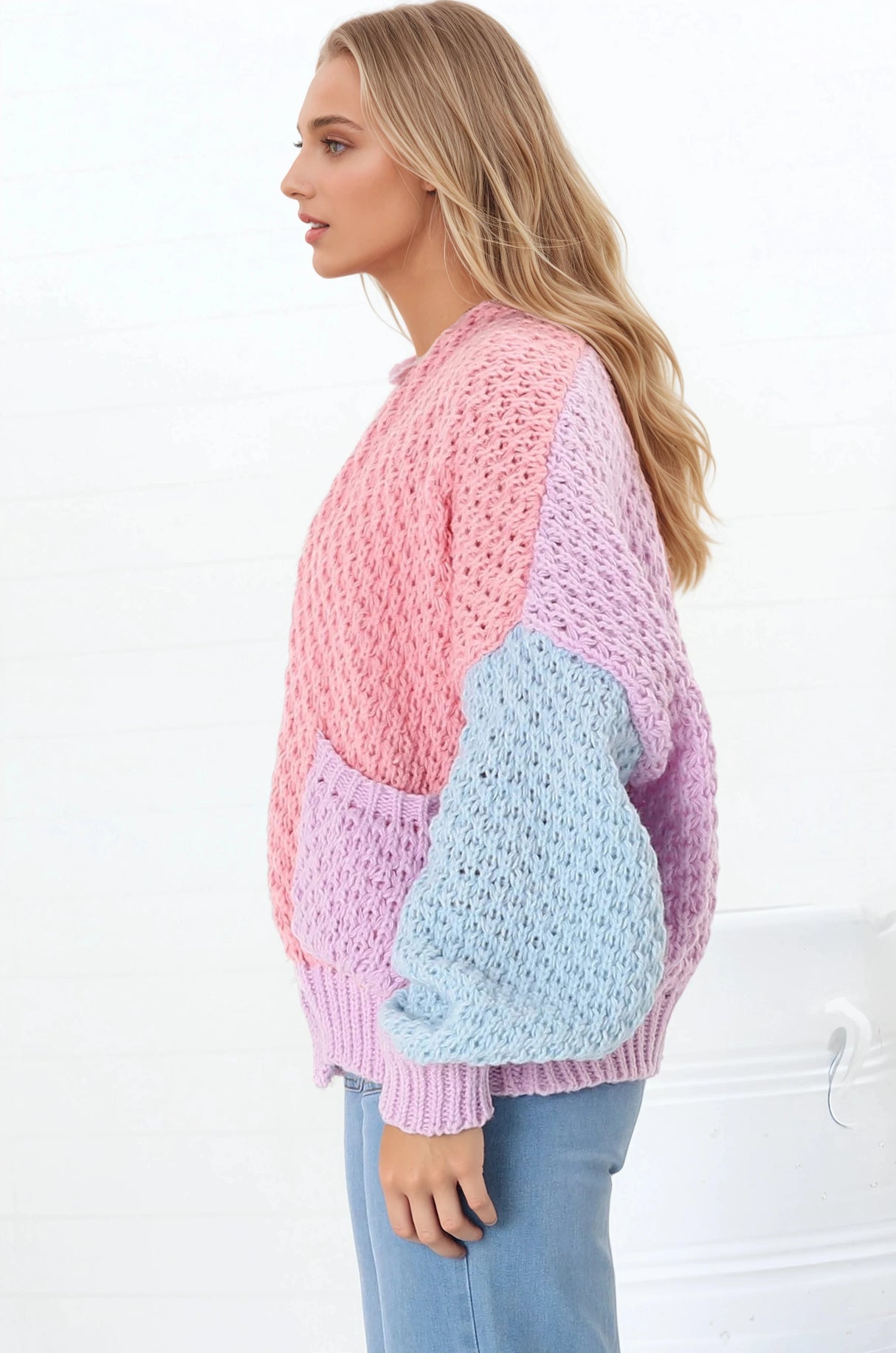 Stacey Cardigan - Waffle Knit Colour Block Crop Cardigan in Pink/Purple