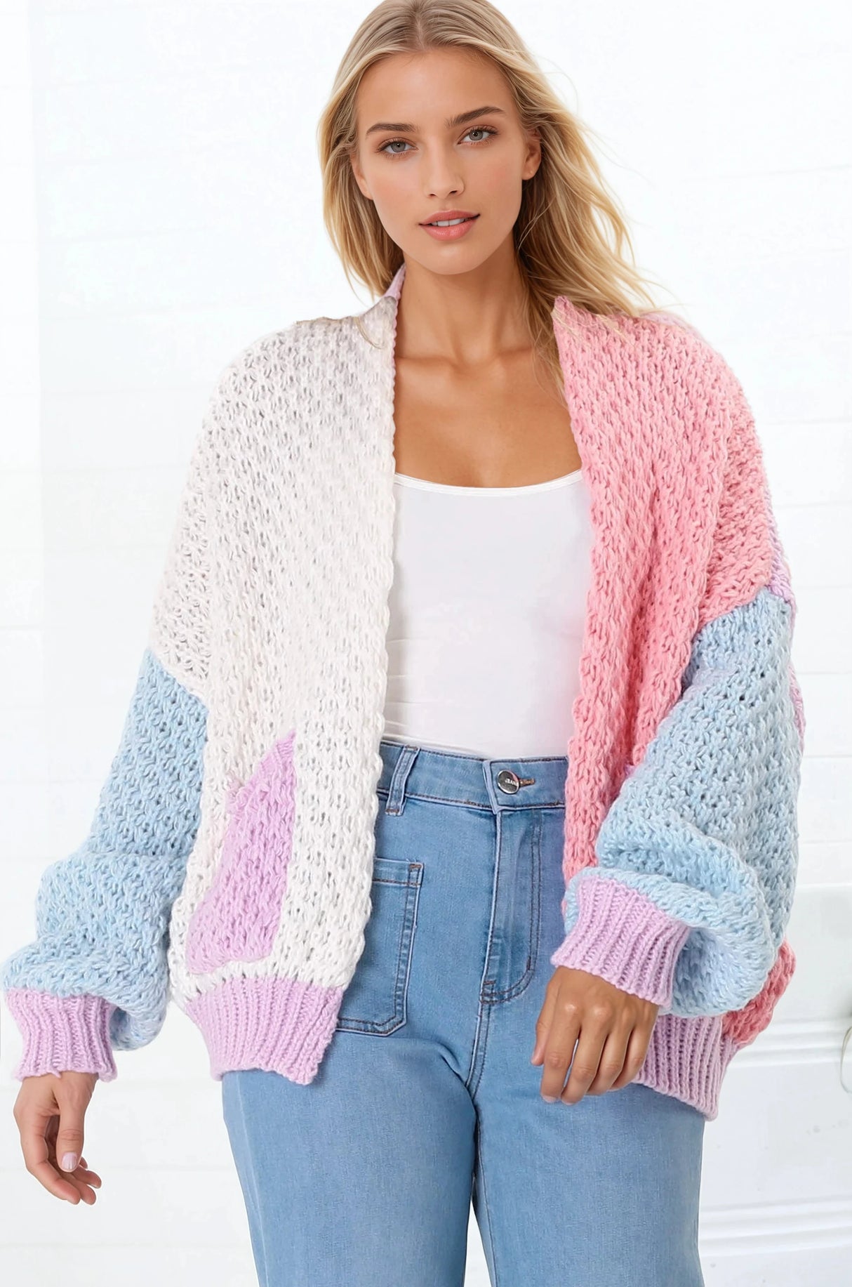 Stacey Cardigan - Waffle Knit Colour Block Crop Cardigan in Pink/Purple