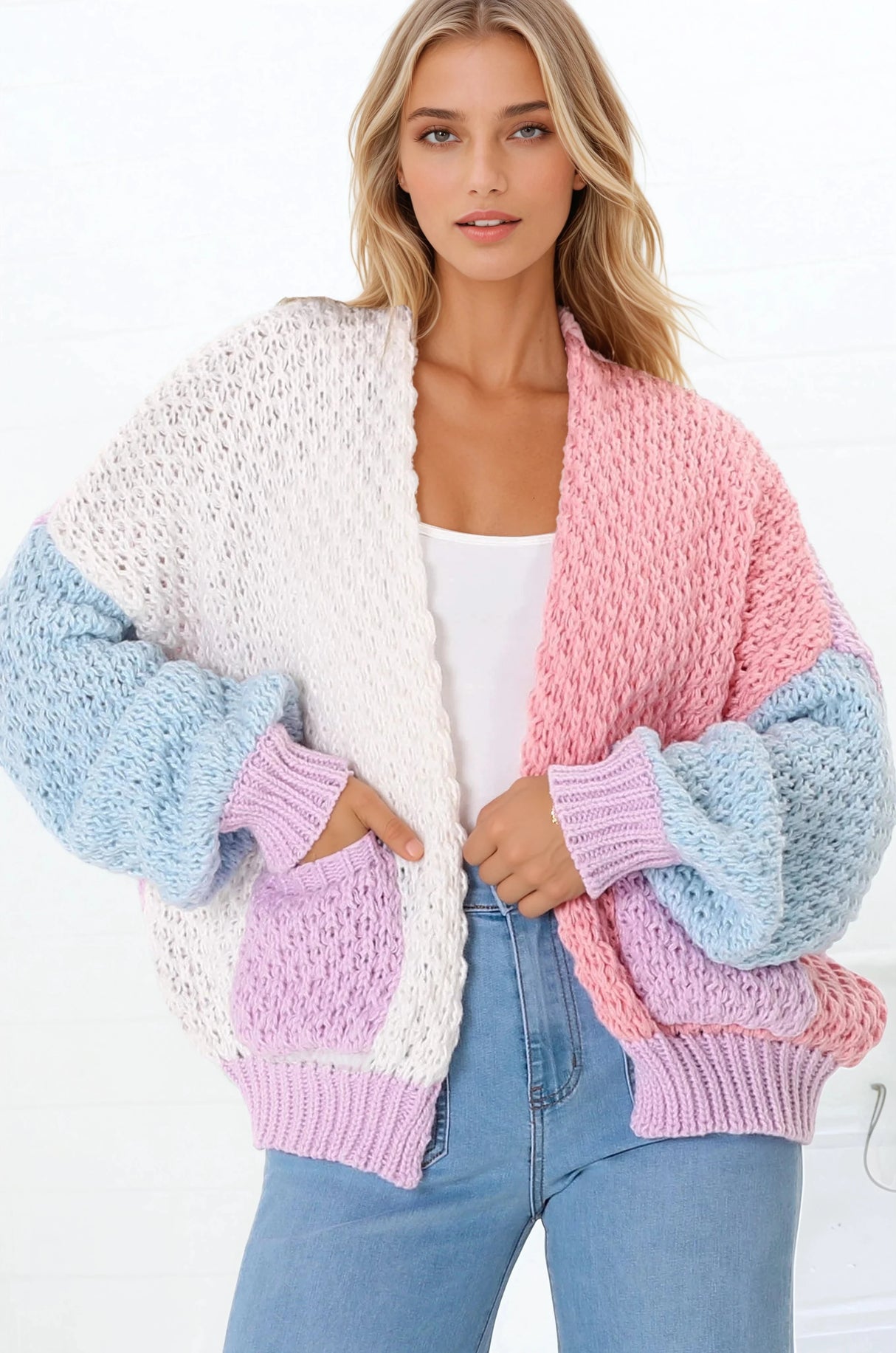Stacey Cardigan - Waffle Knit Colour Block Crop Cardigan in Pink/Purple