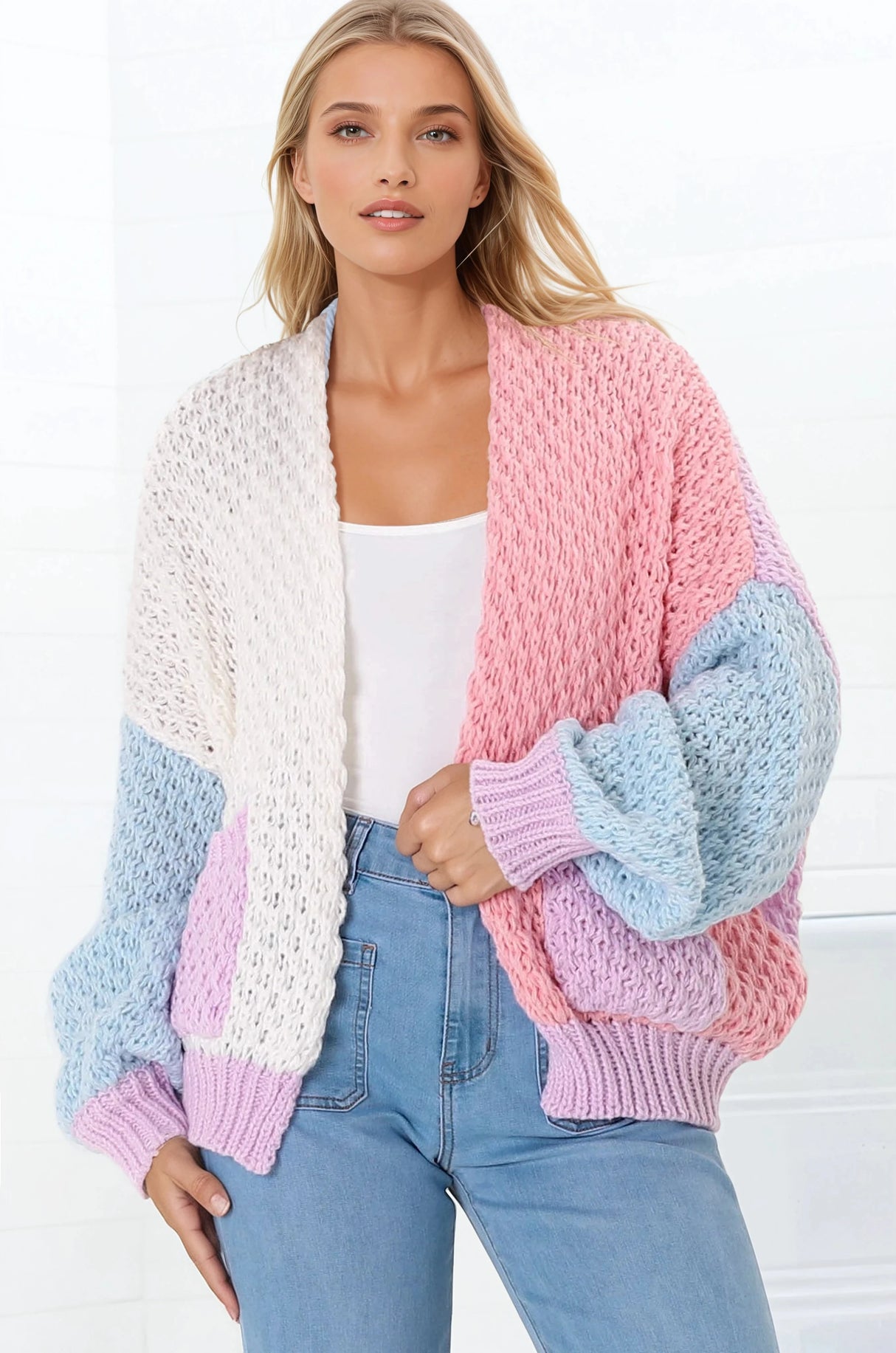 Stacey Cardigan - Waffle Knit Colour Block Crop Cardigan in Pink/Purple
