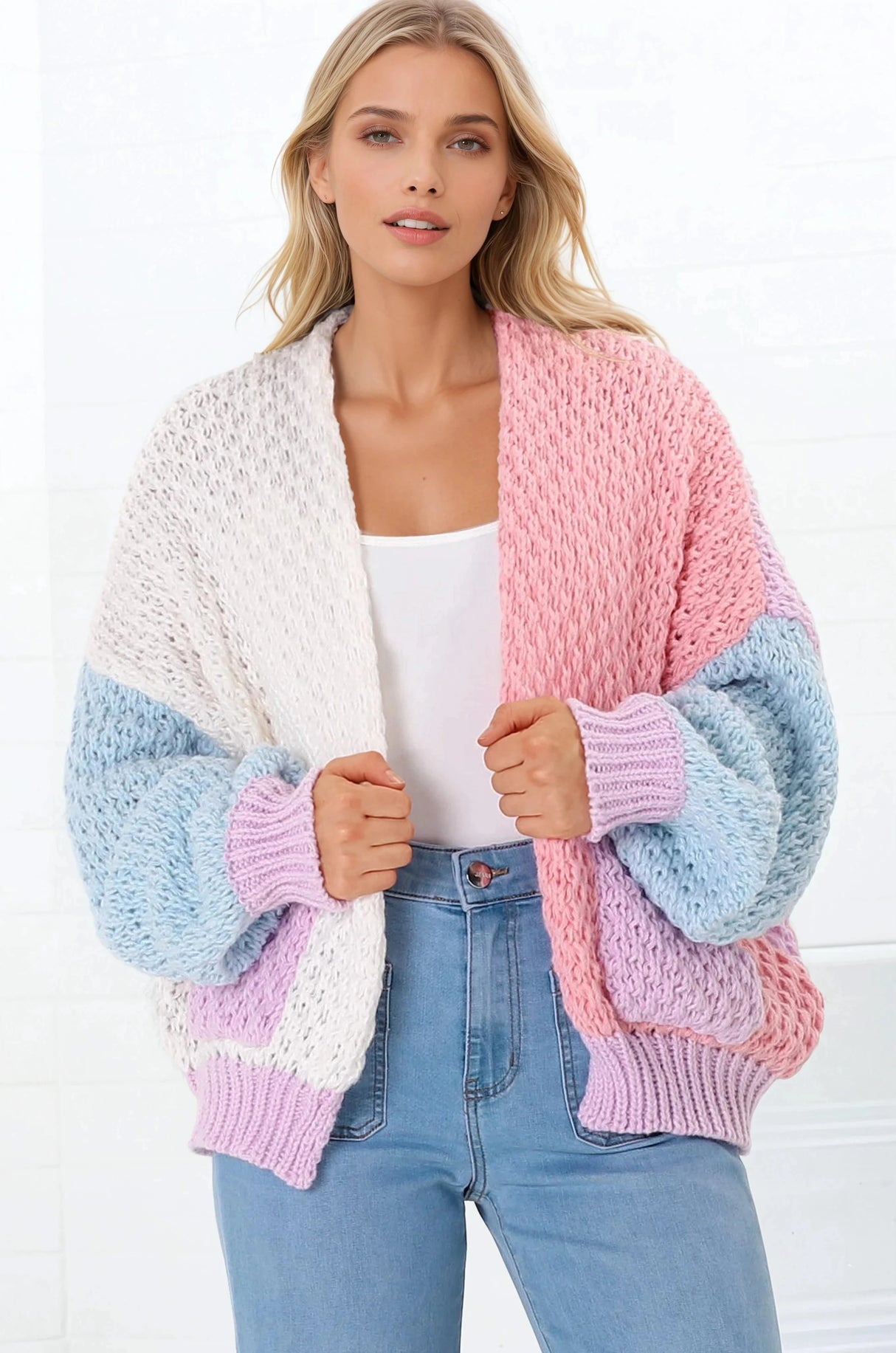 Stacey Cardigan - Waffle Knit Colour Block Crop Cardigan in Pink/Purple