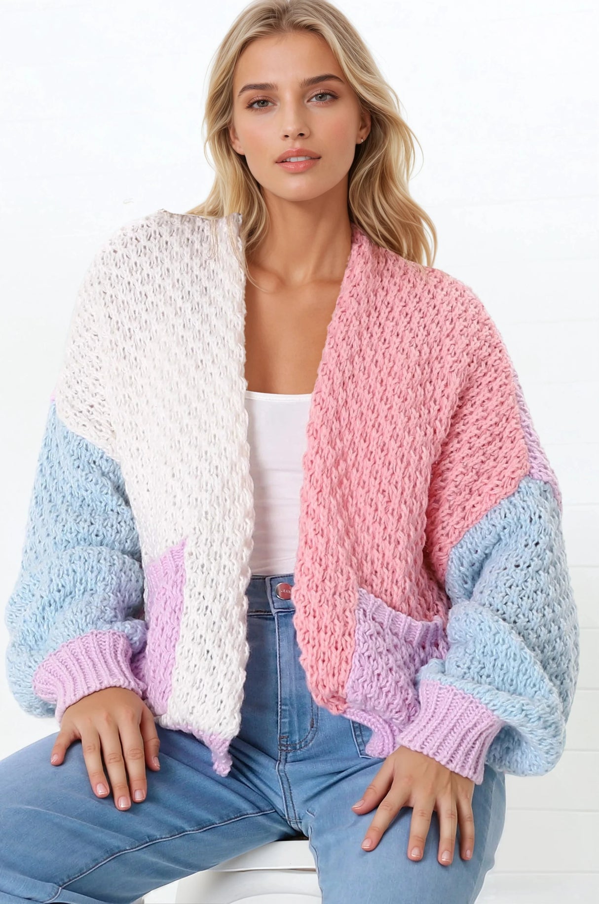 Stacey Cardigan - Waffle Knit Colour Block Crop Cardigan in Pink/Purple